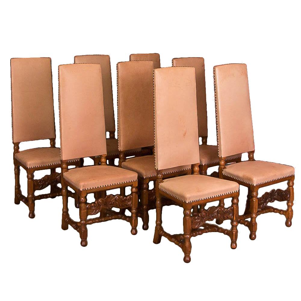 Set of Eight Antique Leather Upholstered High Back Dining Chairs