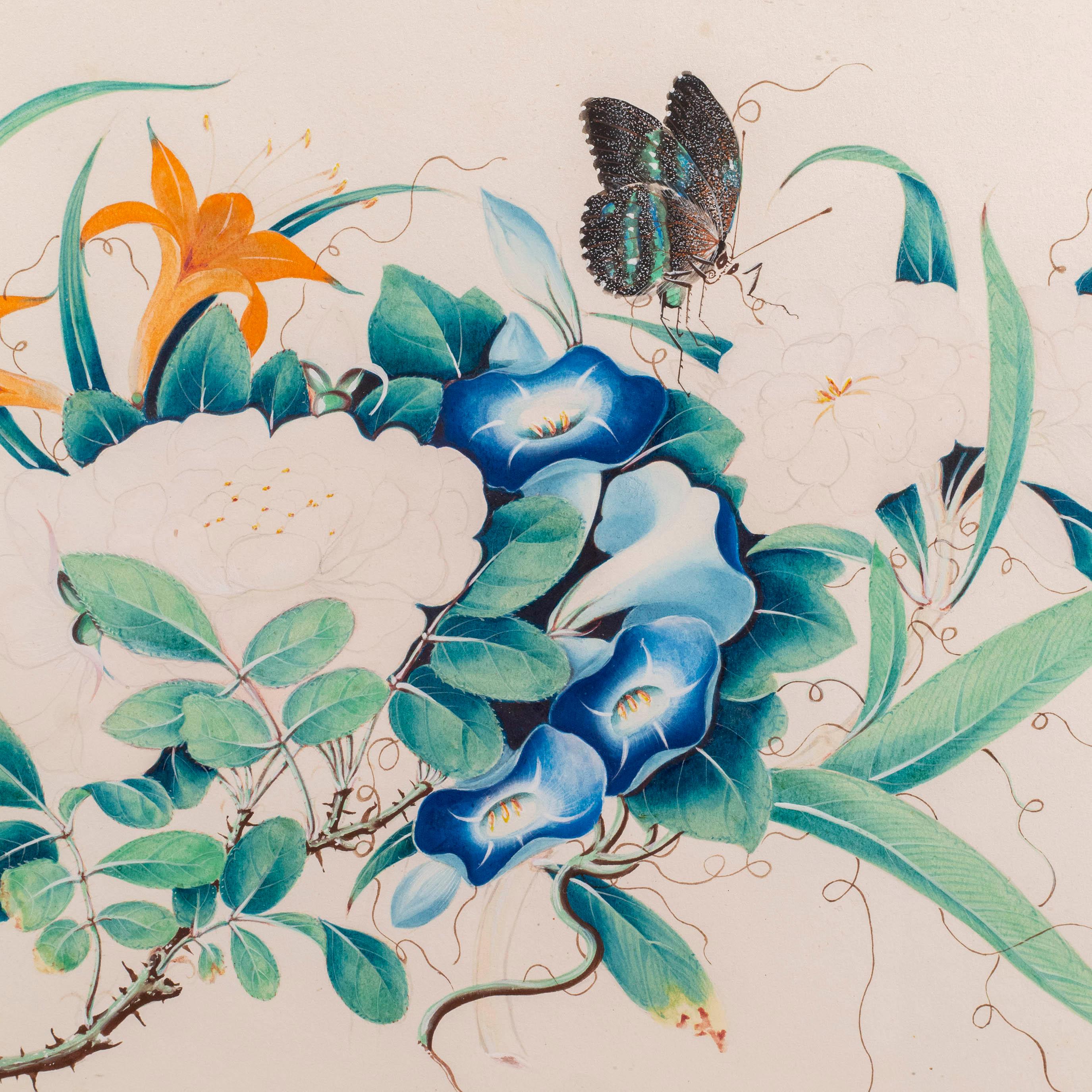 Immagini di fiori e farfalle dipinte a mano in vendita 4