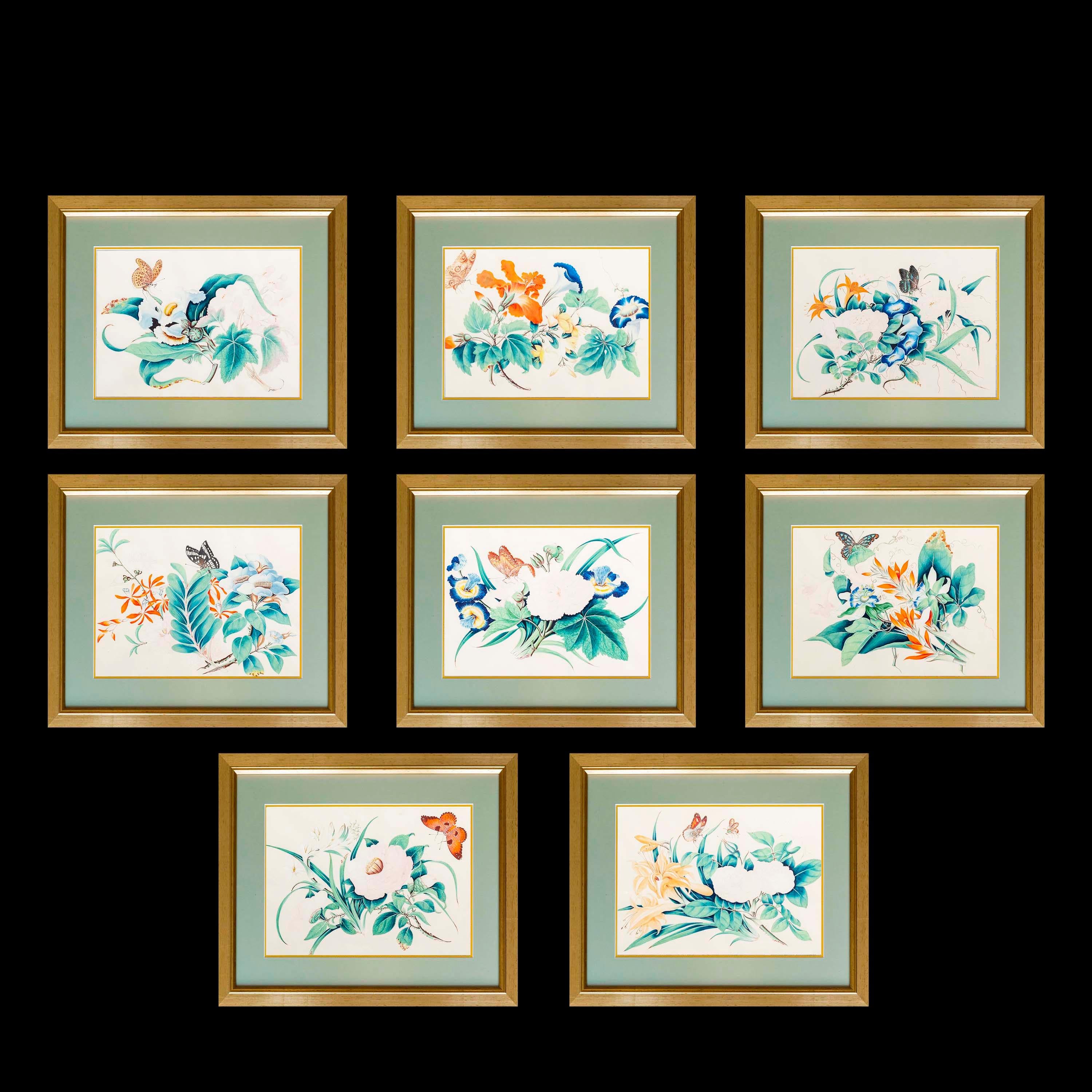 Asiatico Immagini di fiori e farfalle dipinte a mano in vendita