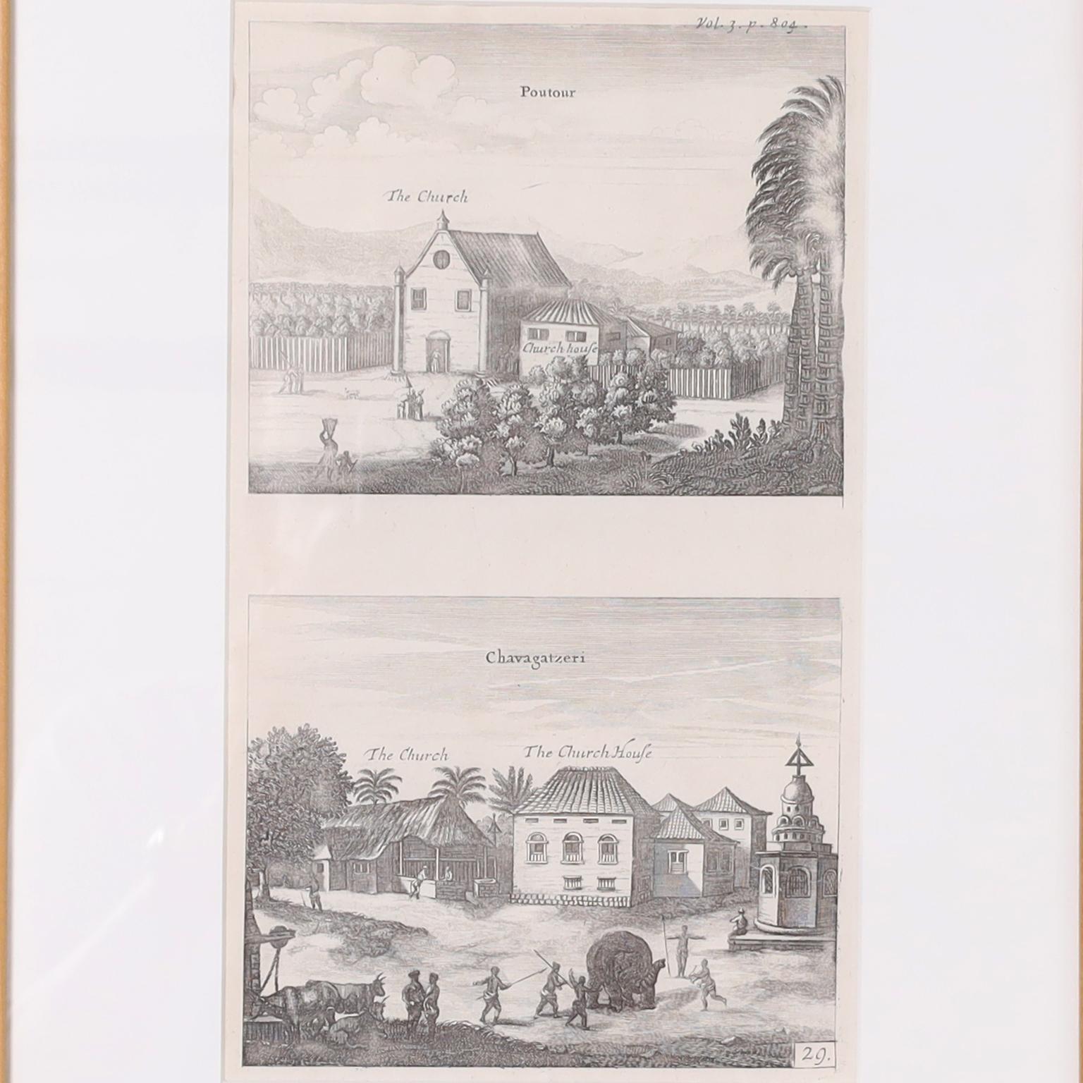 Historically significant set of eight prints originally drawn by the Dutch writer and minister Phillippus Baldaeus and published as engravings in the mid 17th century as historical recordings of some of the earliest churches on the island of Ceylon.