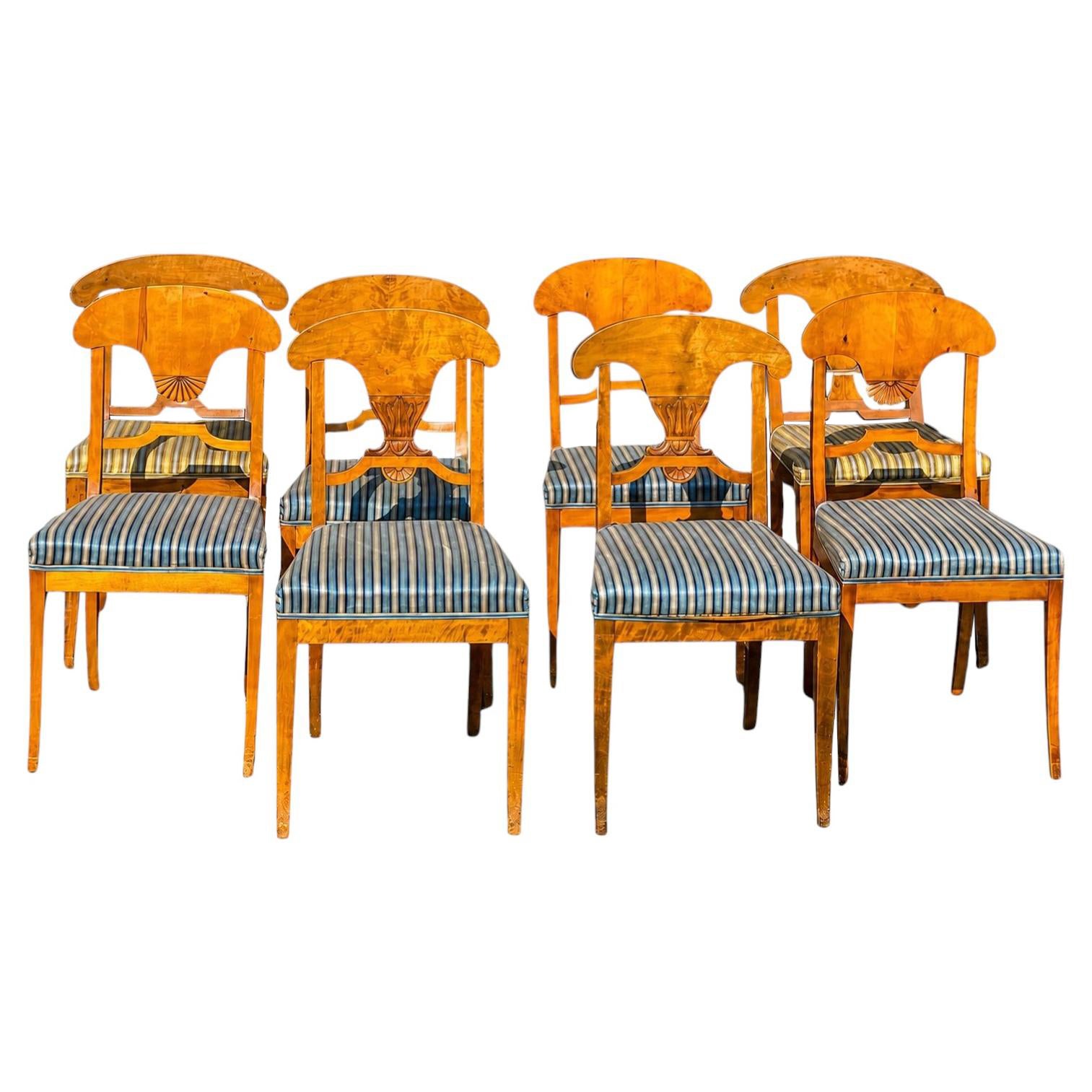Set of Eight Antique Swedish Biedermeier Dining Chairs, Flame Birch
