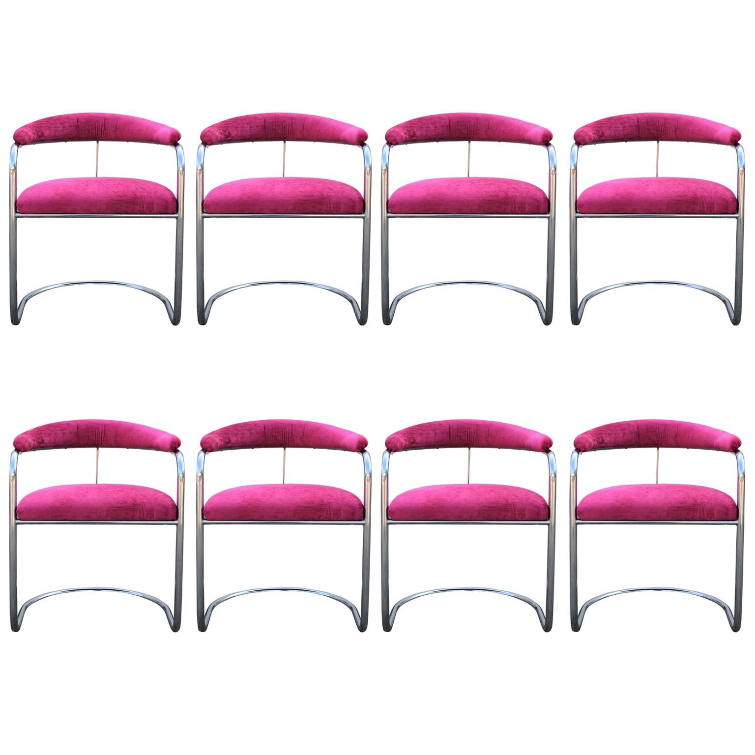 Set of Eight Anton Lorenz for Thonet Pink and Chrome Dining Chairs