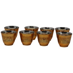 Set of Eight Arabic Glasses with Gold Overlay