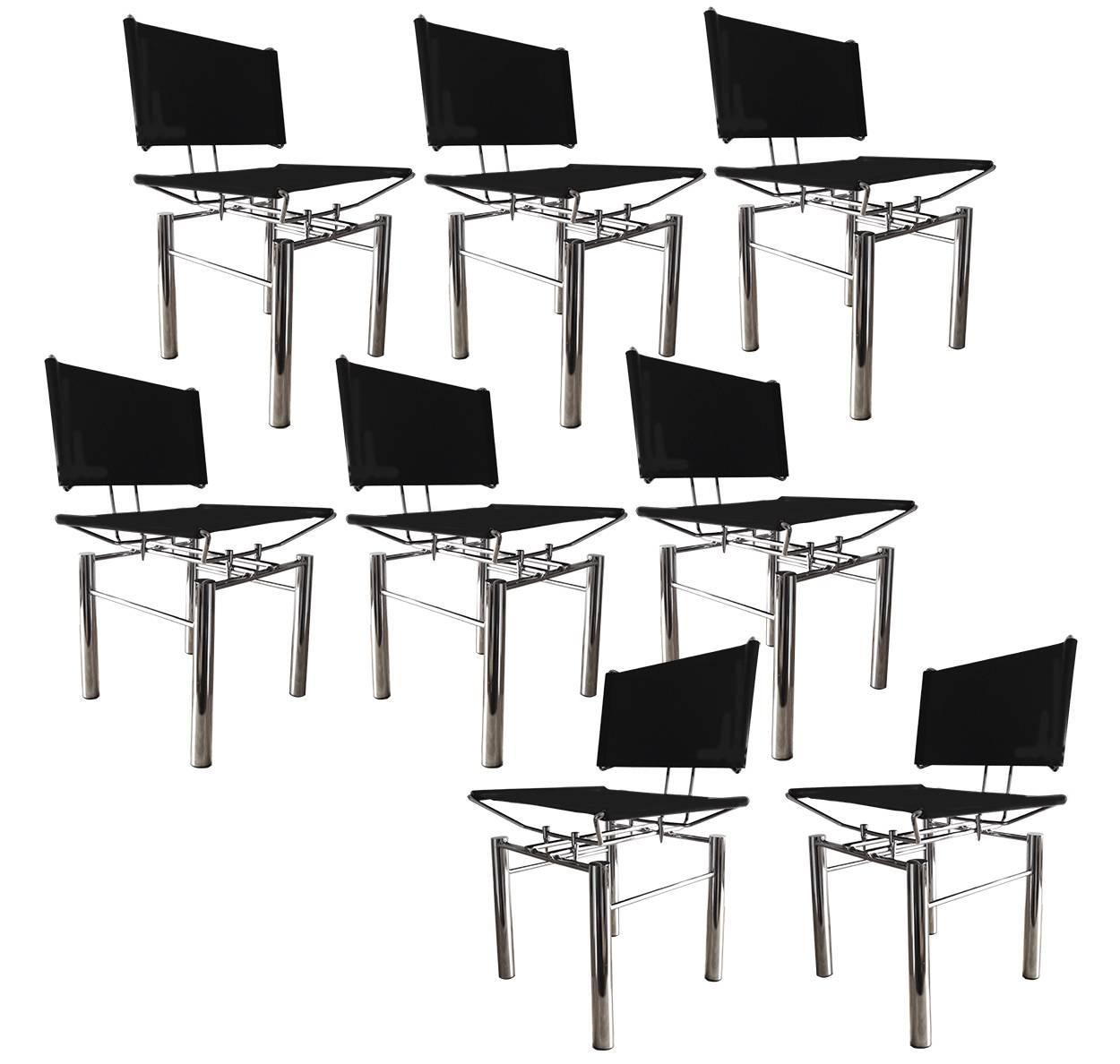 Set of Eight Architectural Black Woven Chrome Dining Chairs from Ulrich Bitch