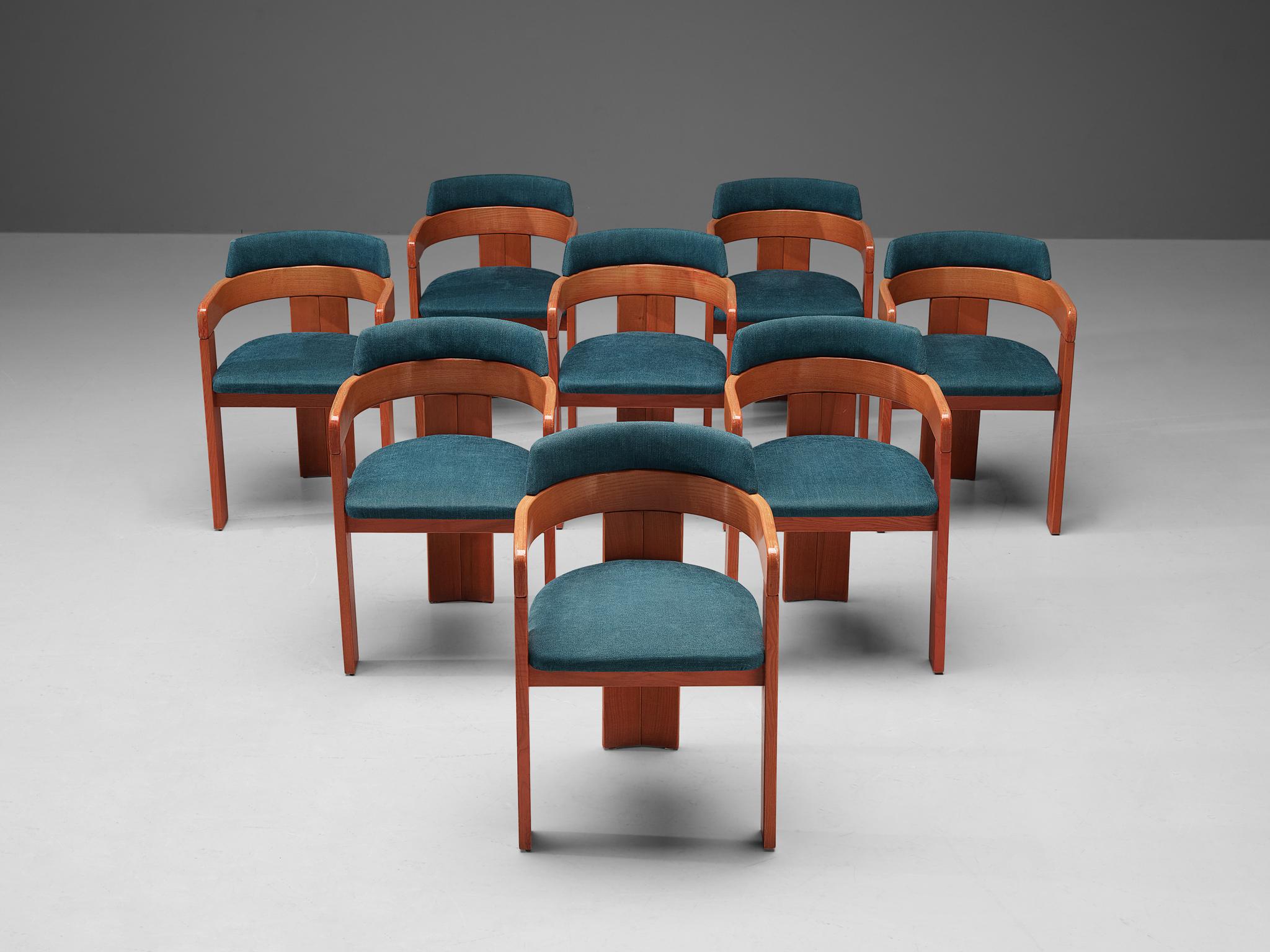 Set of eight dining chairs, ash, fabric, Italy, 1970s

This Italian dining chair has a strong resemblance to Augusto Savini's 'Pamplona' chair (1965) and Afra & Tobia Scrapa's 'Pigreco' chair (1959/60), yet the designs are different in their
