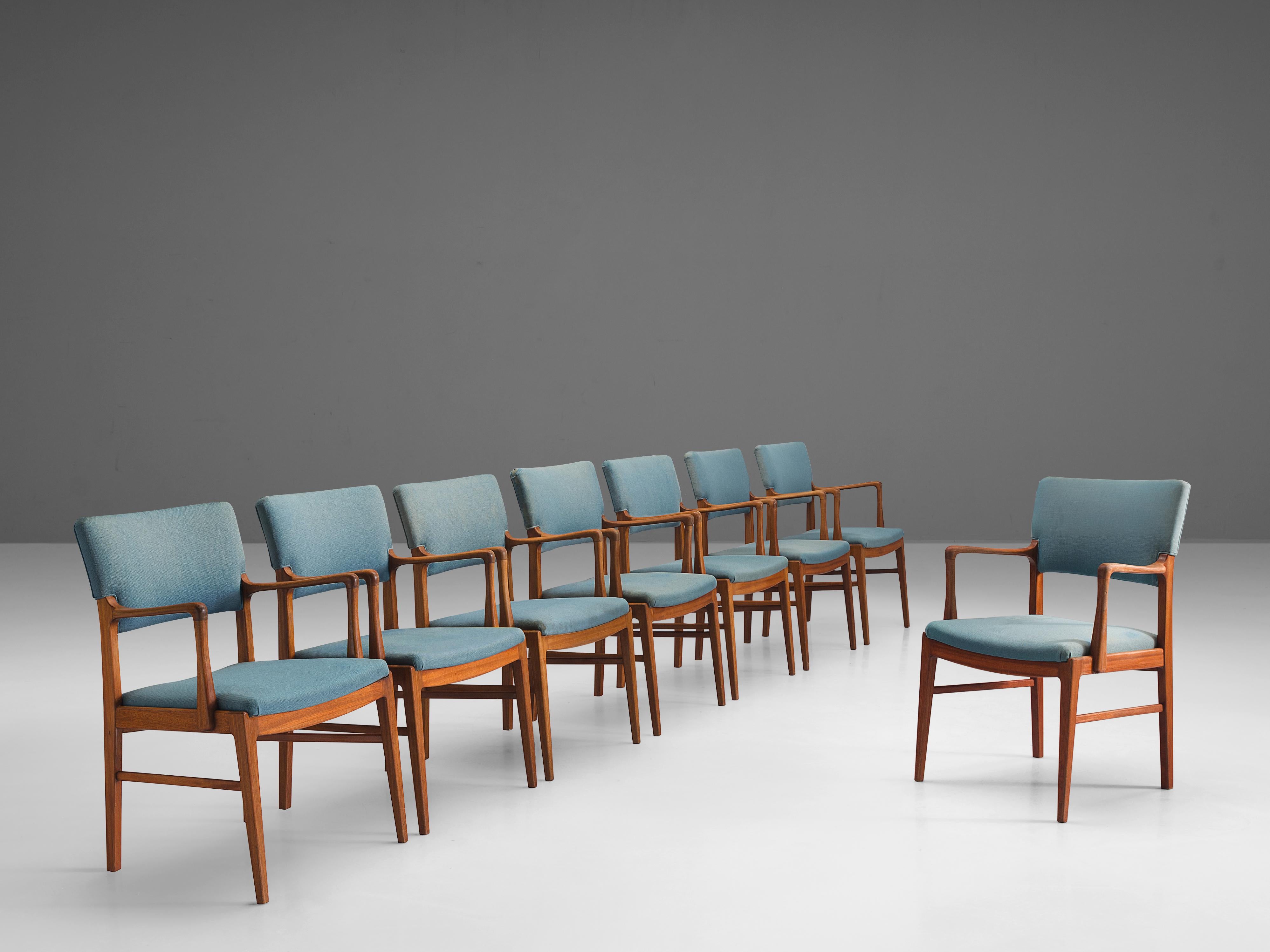 Set of Eight Armchairs in Mahogany and Blue Fabric 4