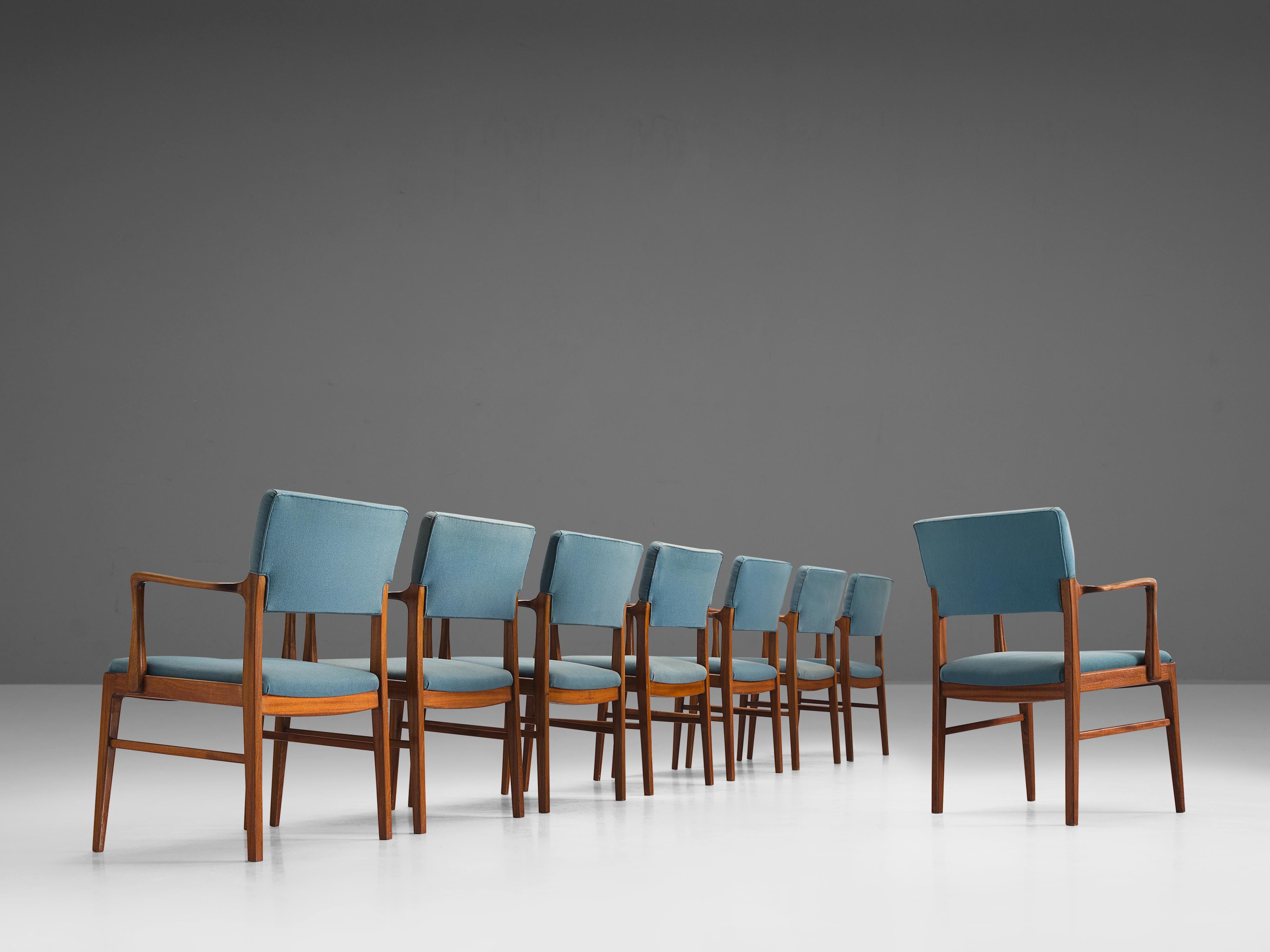 Scandinavian Modern Set of Eight Armchairs in Mahogany and Blue Fabric