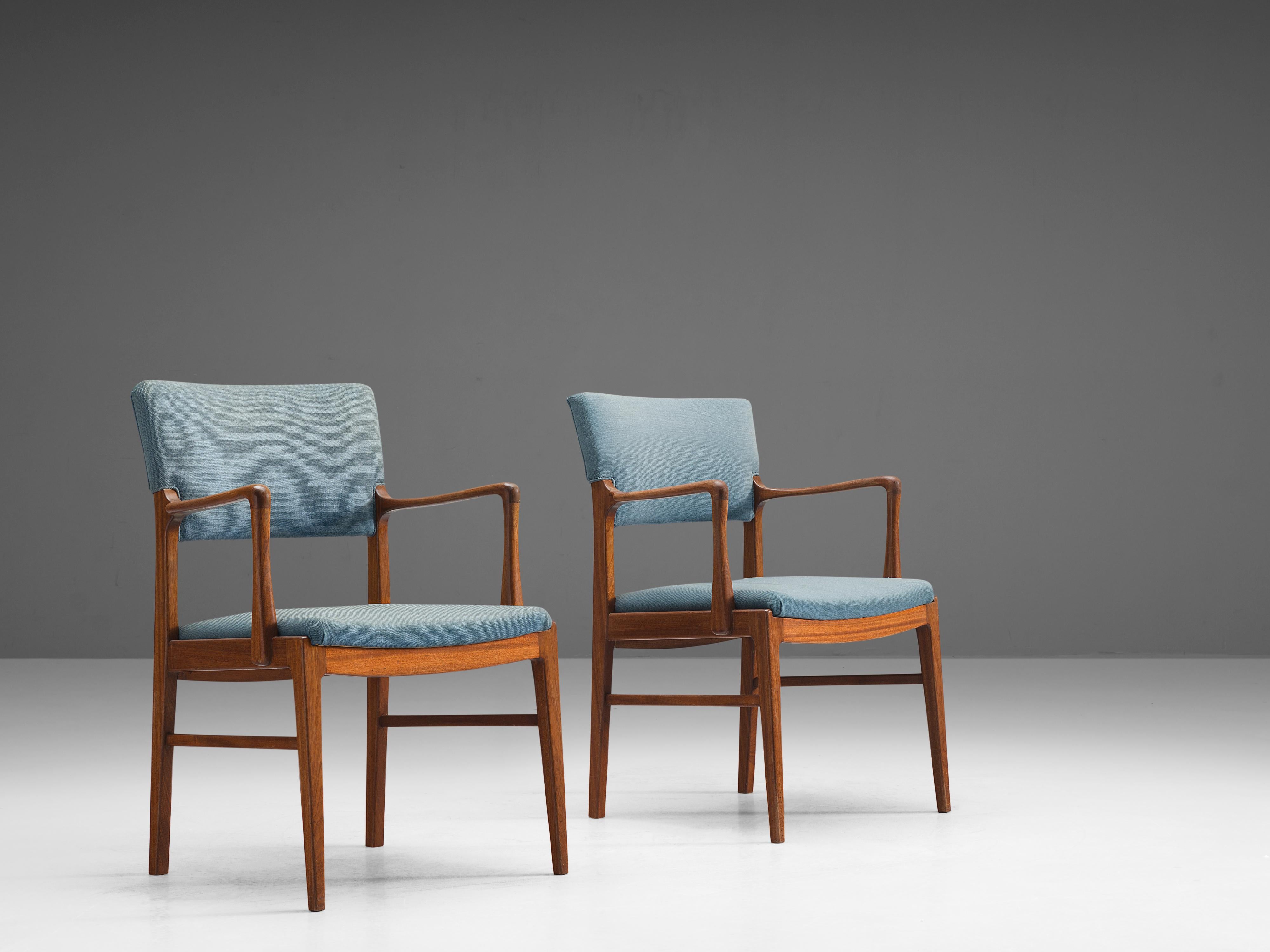 Set of Eight Armchairs in Mahogany and Blue Fabric In Good Condition In Waalwijk, NL