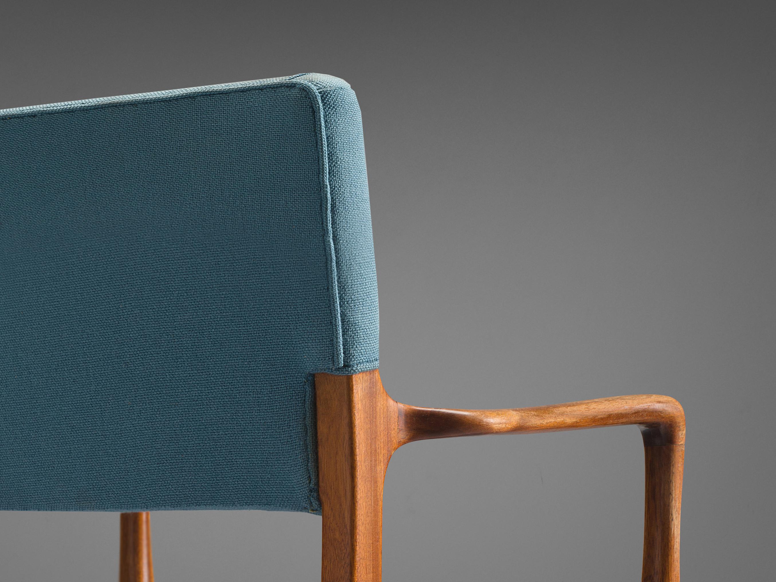 Mid-20th Century Set of Eight Armchairs in Mahogany and Blue Fabric