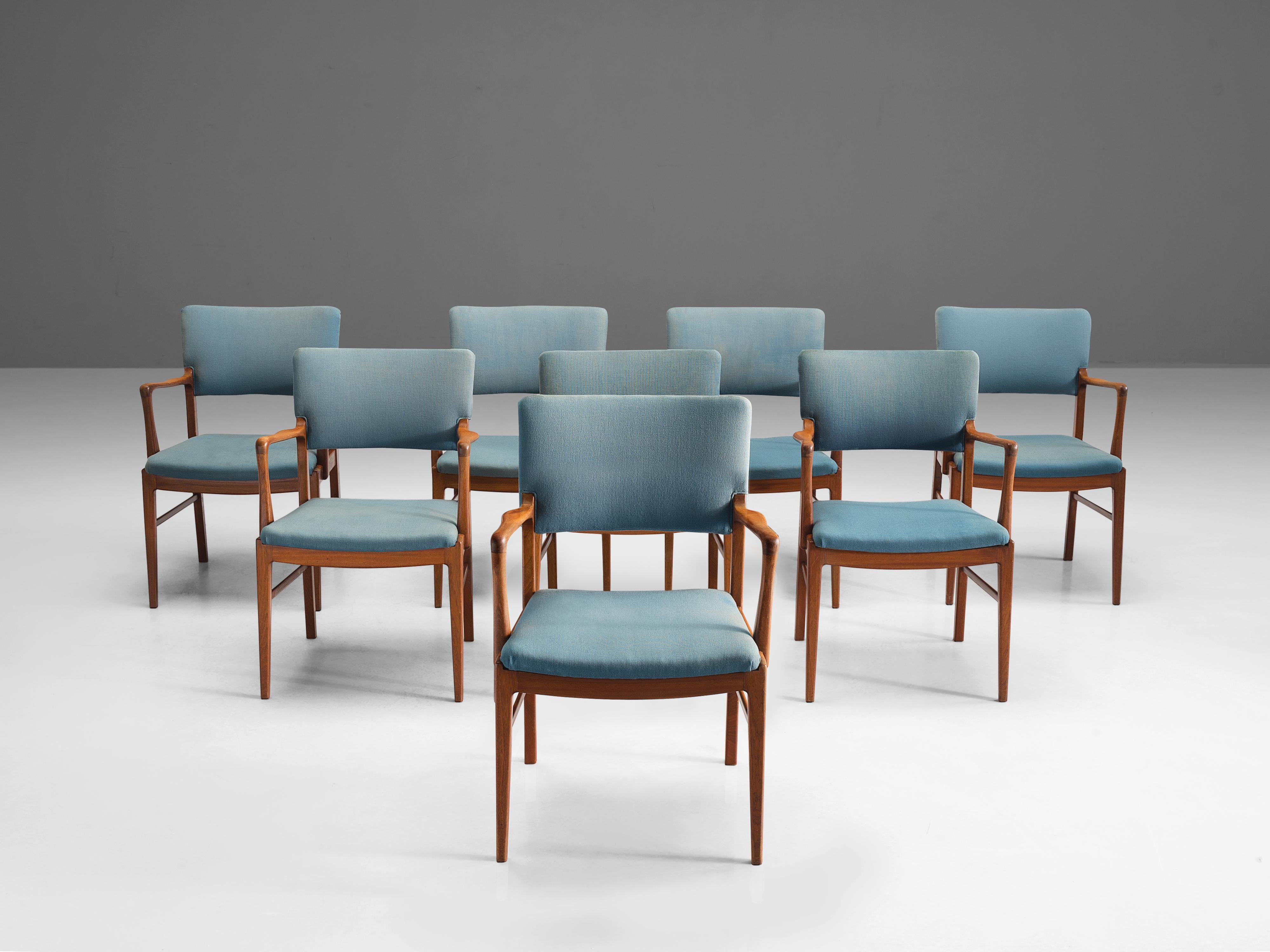 Set of Eight Armchairs in Mahogany and Blue Fabric 2