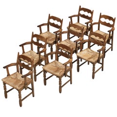 Set di otto poltrone in Oak e paglia