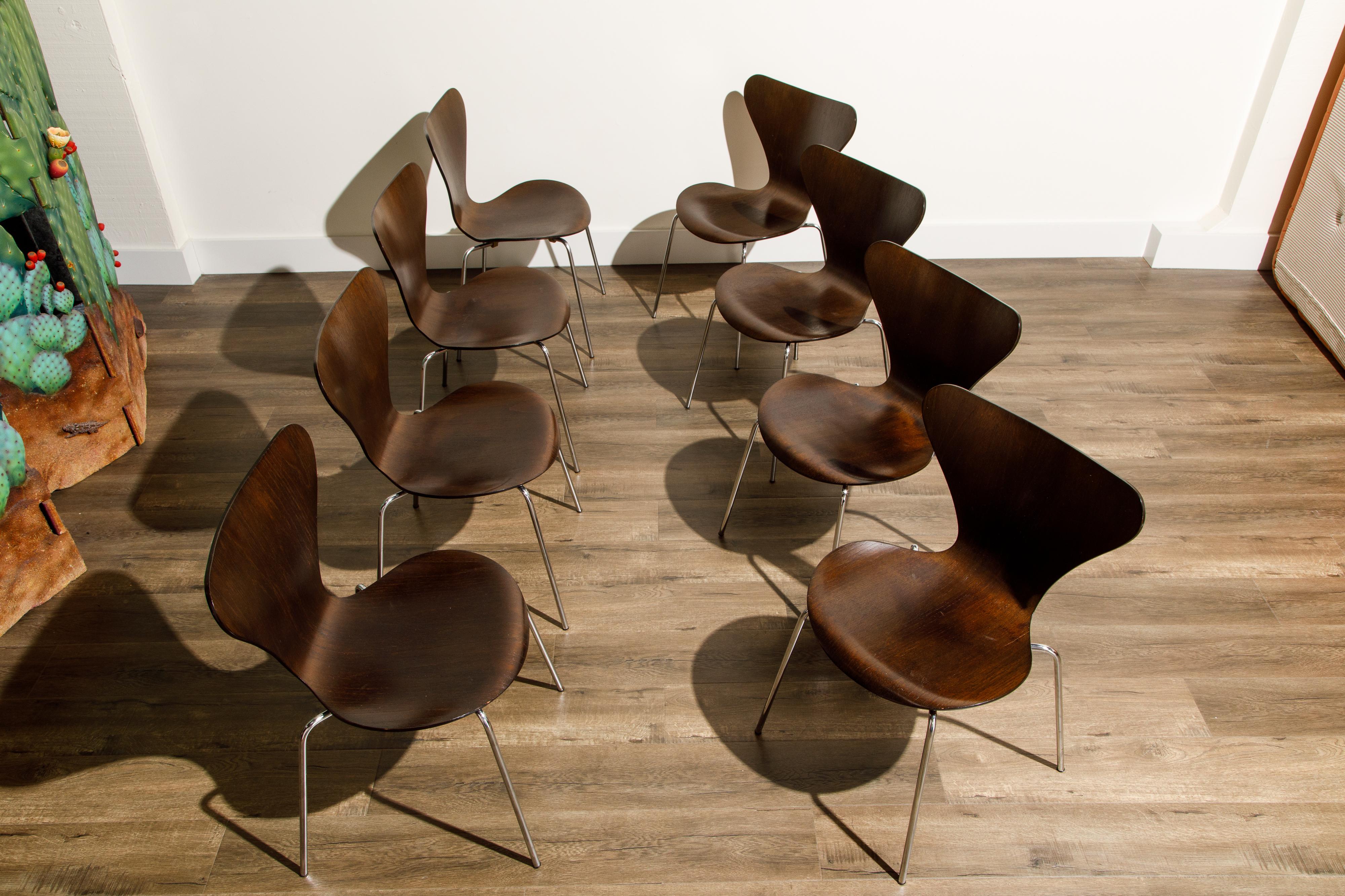 Stained Set of Eight Arne Jacobsen for Fritz Hansen 'Series-7' Chairs, c. 1973, Signed 