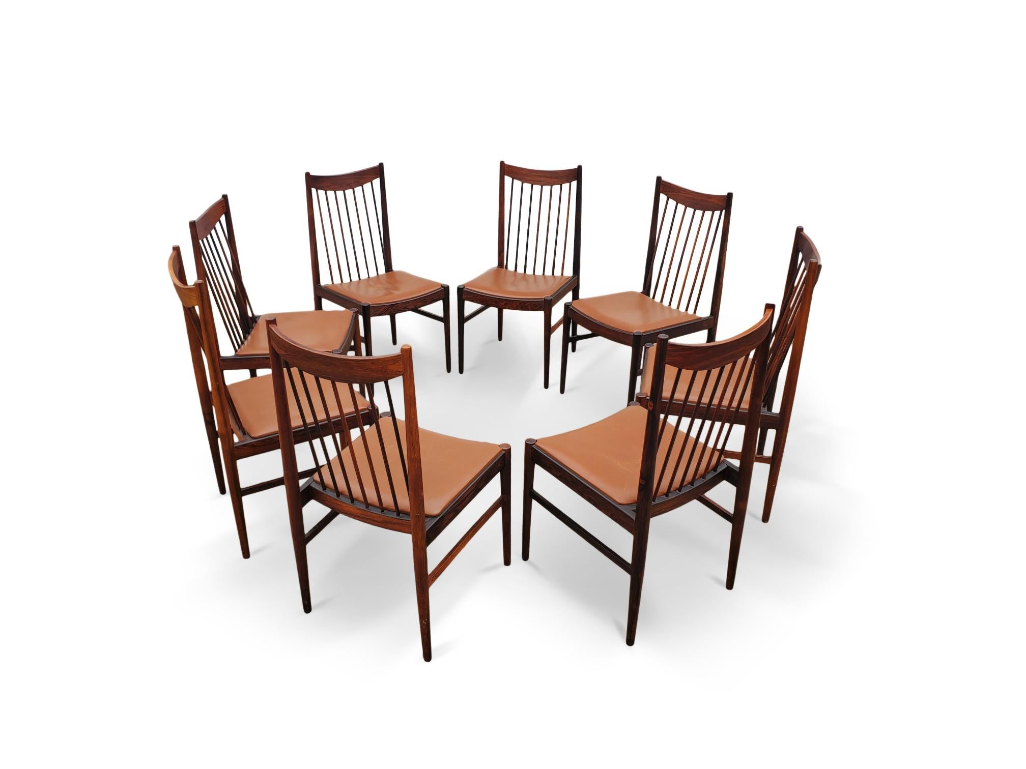 Upholstery Set of Eight Arne Vodder Brazilian Rosewood Dining Chairs by Sibast Denmark  For Sale