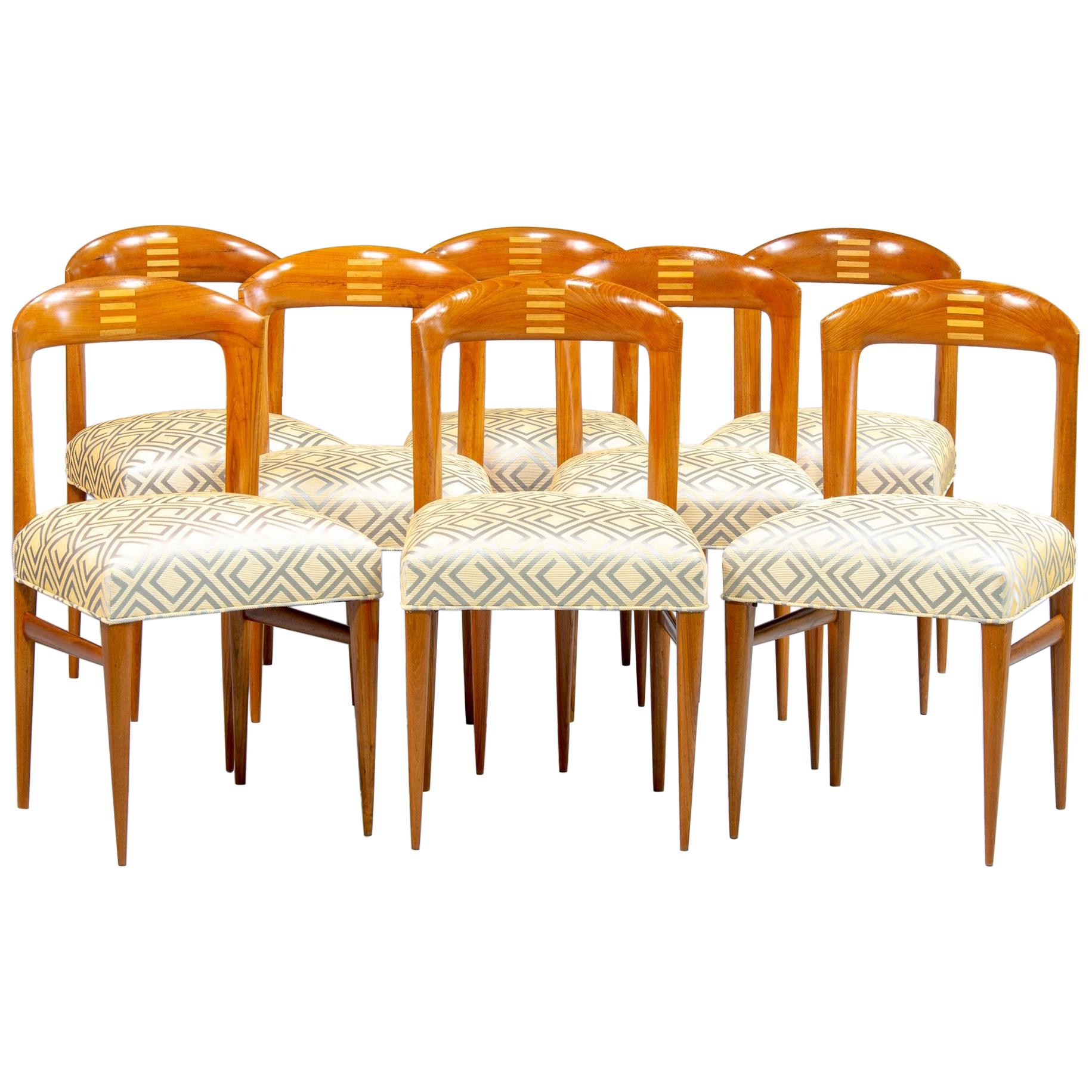 Set of Eight Art Deco Beech Chairs with New Upholstery