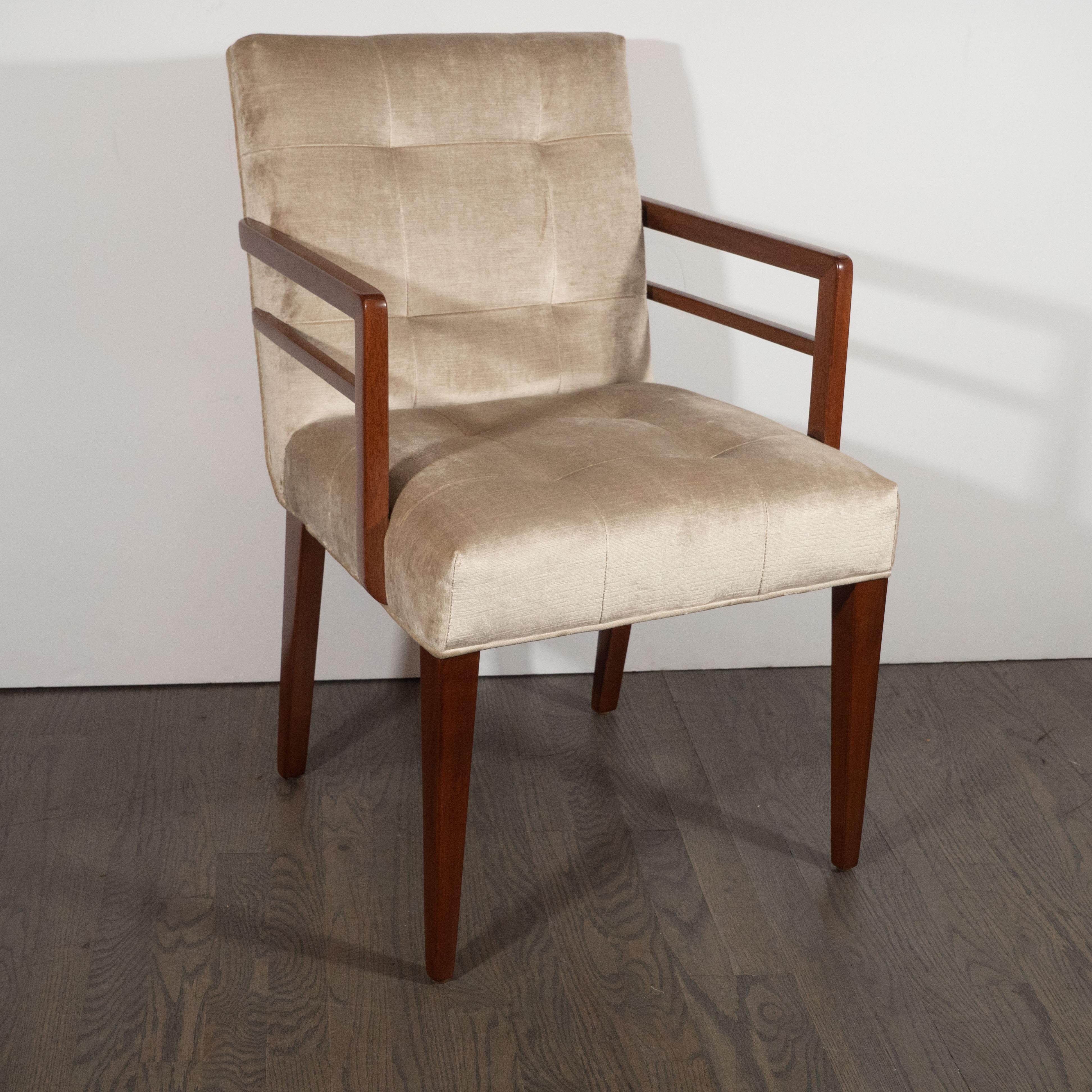 American Set of Eight Art Deco Dining Chairs in Walnut & Champagne Velvet, Gilbert Rohde