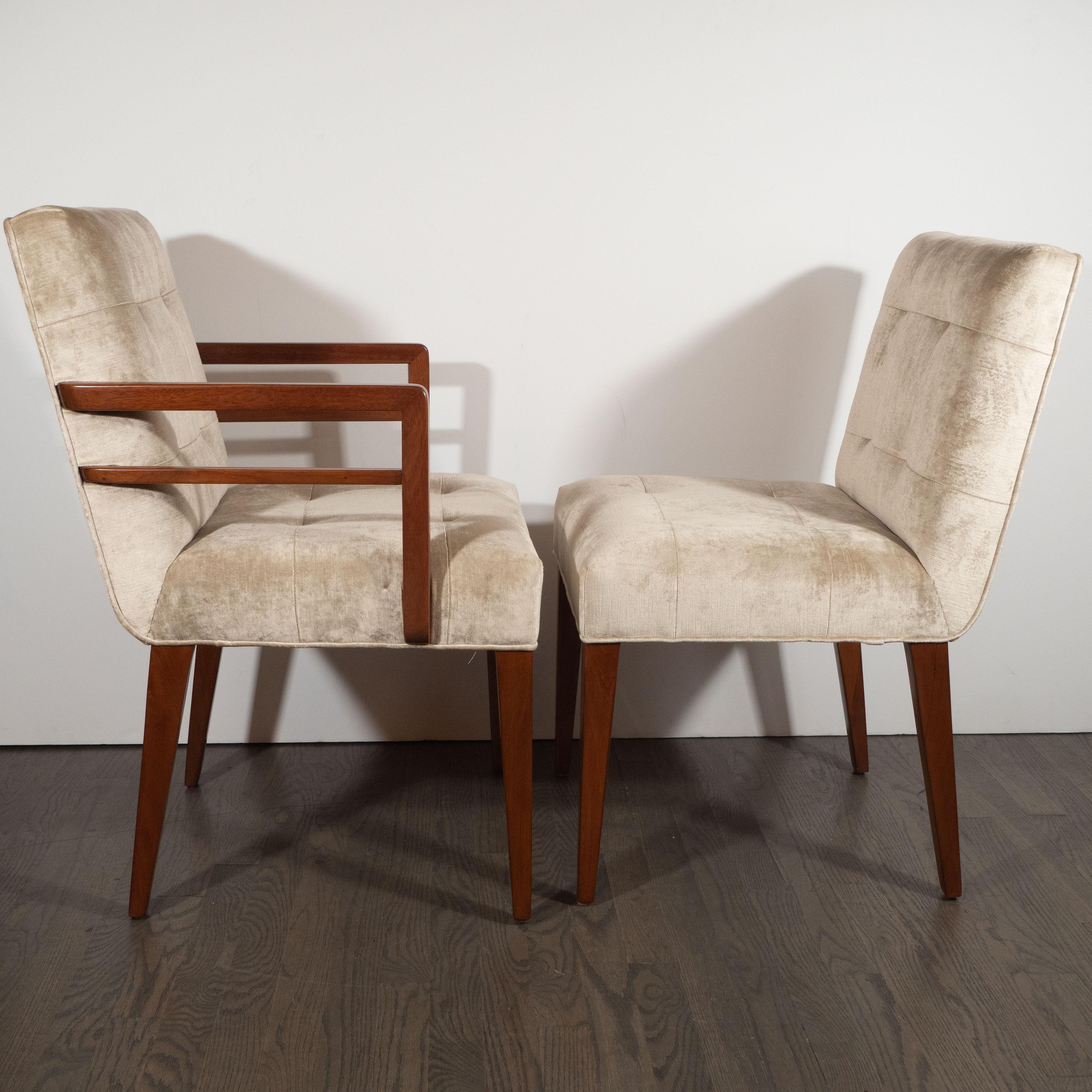 Set of Eight Art Deco Dining Chairs in Walnut & Champagne Velvet, Gilbert Rohde 1