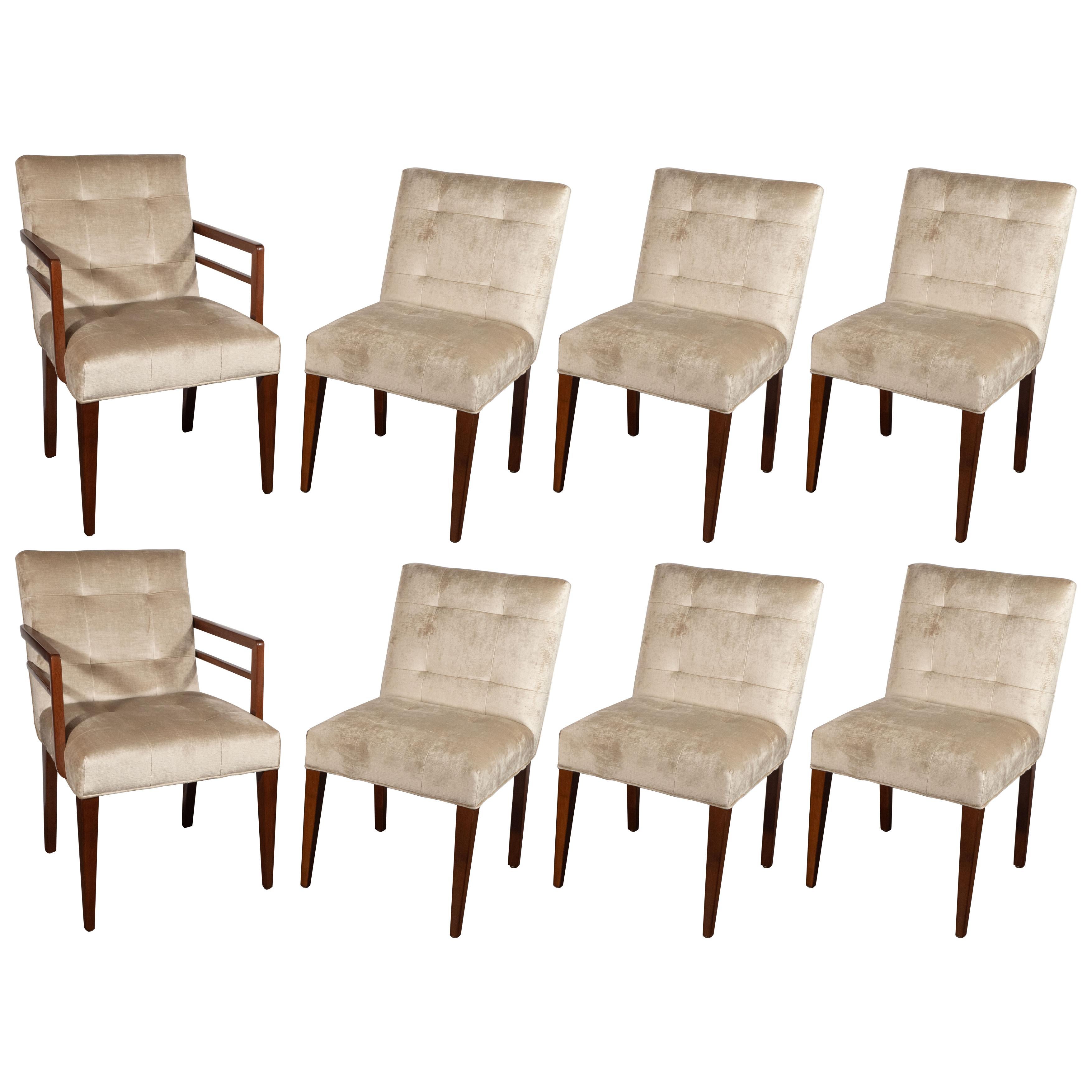 Set of Eight Art Deco Dining Chairs in Walnut & Champagne Velvet, Gilbert Rohde
