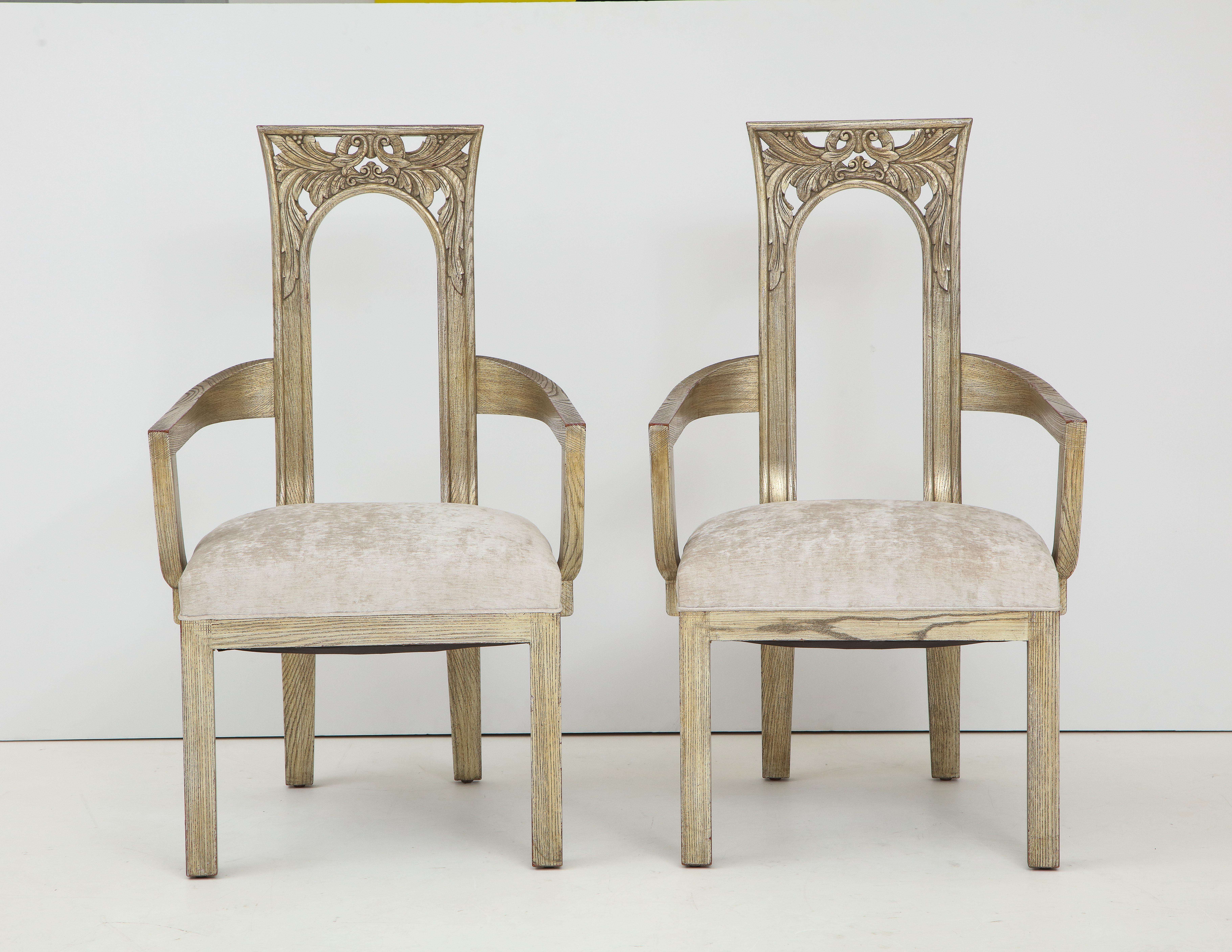 Hand-Carved Set of Eight Art Deco Influenced Dining Chairs by James Mont For Sale