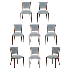 Set of Eight Art Deco Sculptural Walnut Dining Chairs in Plush Mohair Upholstery