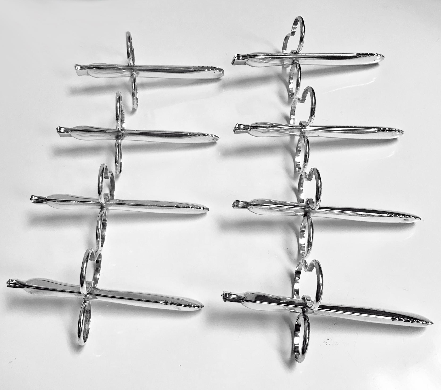 Early 20th Century Set of Eight Art Deco Silver Individual Asparagus Tongs Servers, circa 1920 For Sale