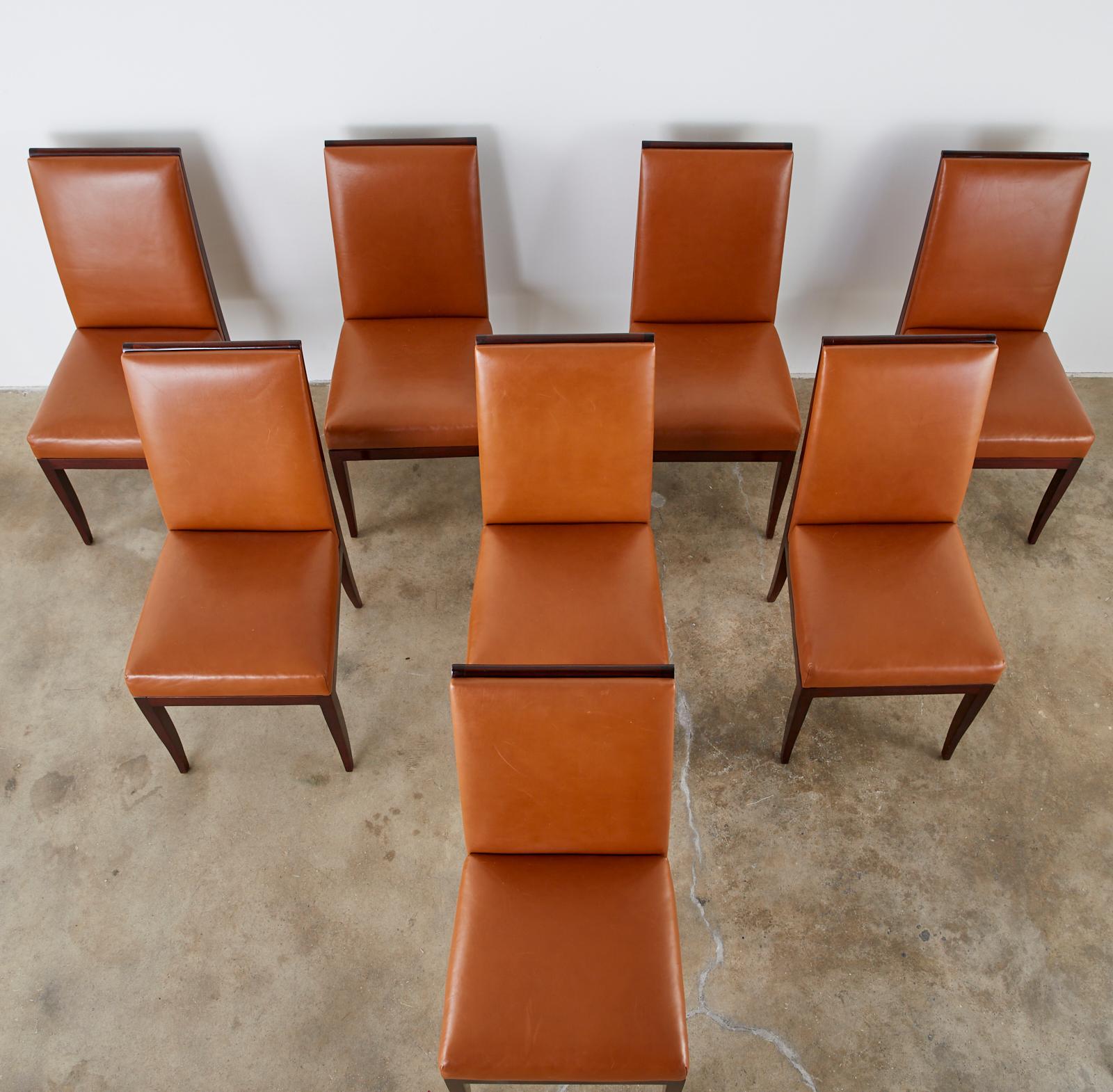 French Set of Eight Art Deco Style Mahogany Leather Dining Chairs
