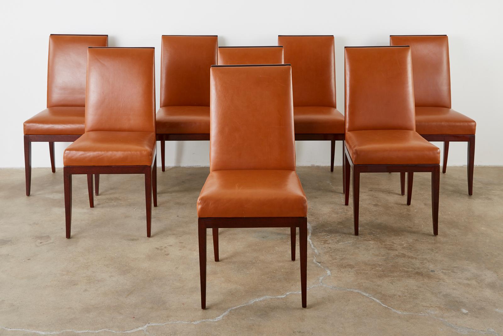 Set of Eight Art Deco Style Mahogany Leather Dining Chairs In Good Condition In Rio Vista, CA