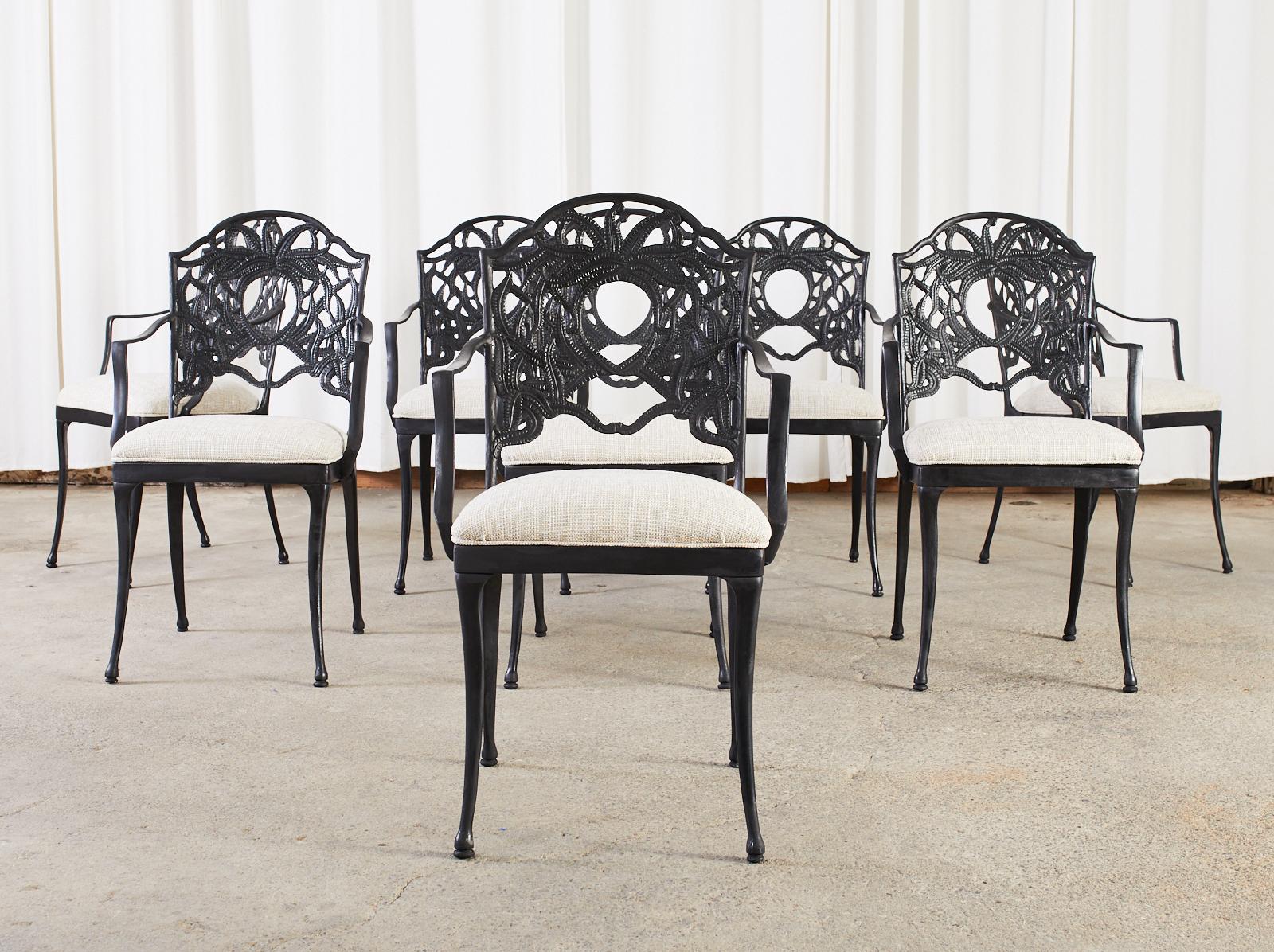 Fabric Set of Eight Art Nouveau Style Aluminum Garden Dining Armchairs For Sale