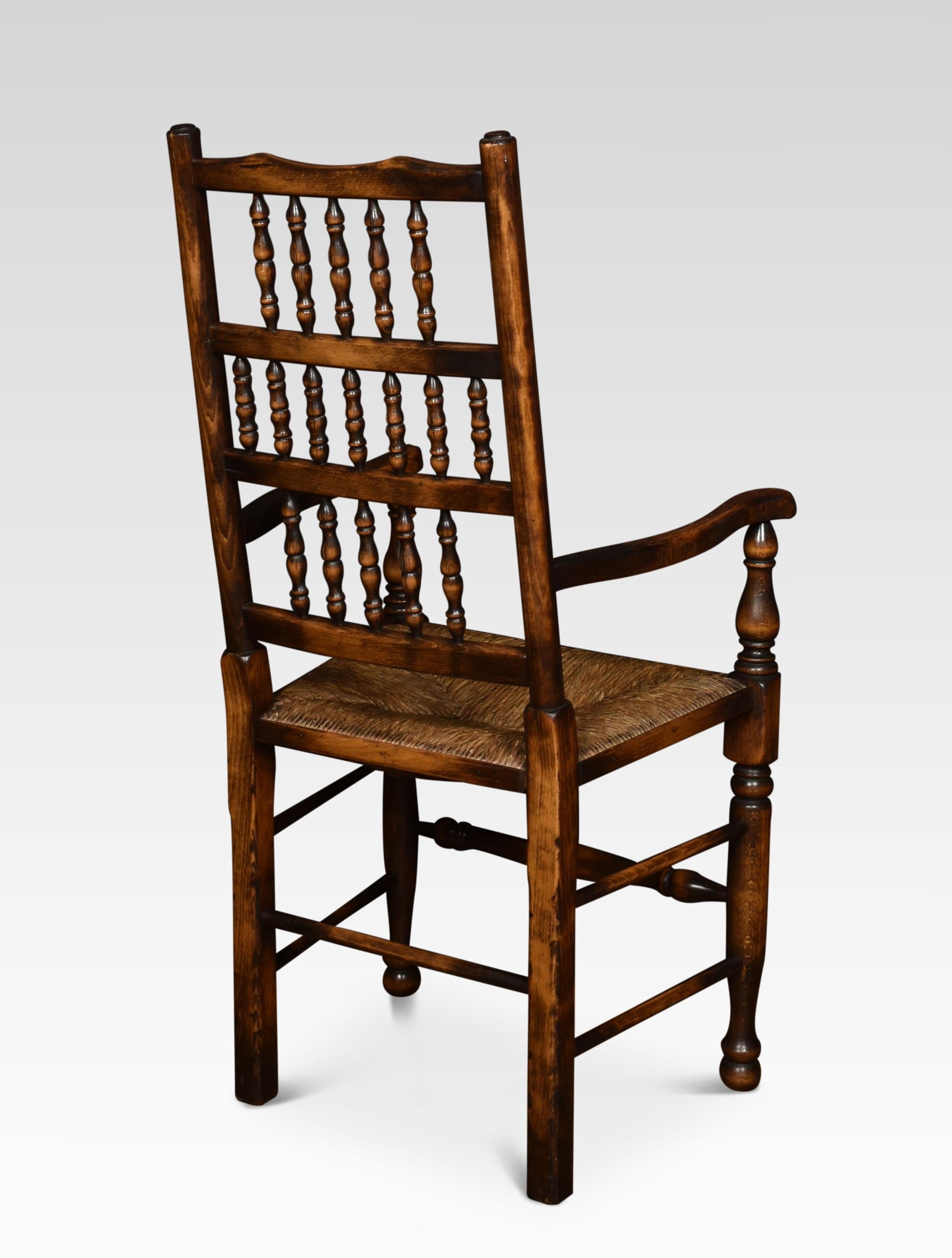 Set of eight ash dining chairs comprising two carvers and six chairs. The spindle backs above rush seats on turned front legs united by stretchers.
Measures: Armchairs
Height 43.5 inches Height to seat 19.5 inches
Width 22 inches
Depth 19.5