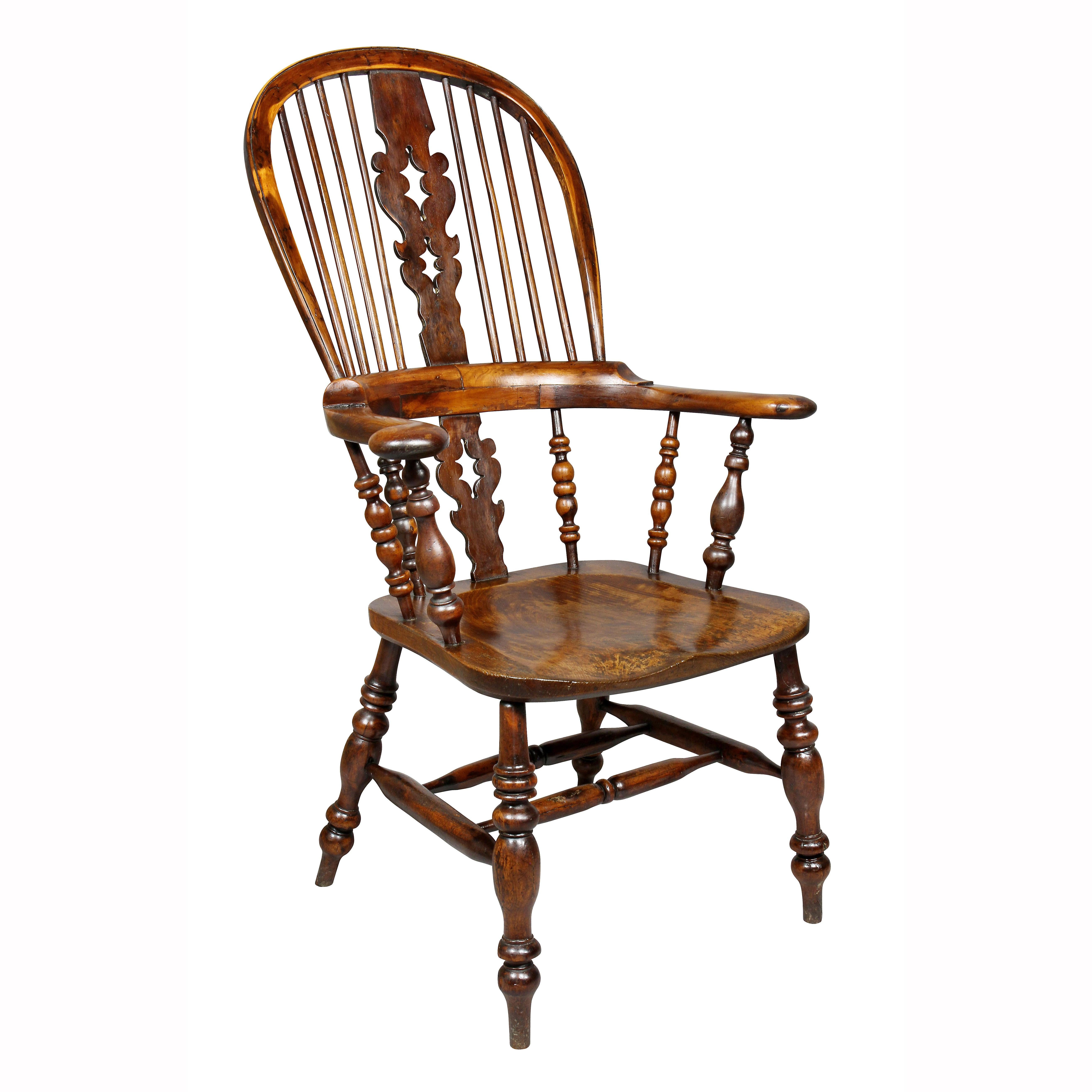 All with arched backs with central tree cutout splat, shaped solid wood seat raised on turned legs and stretchers.