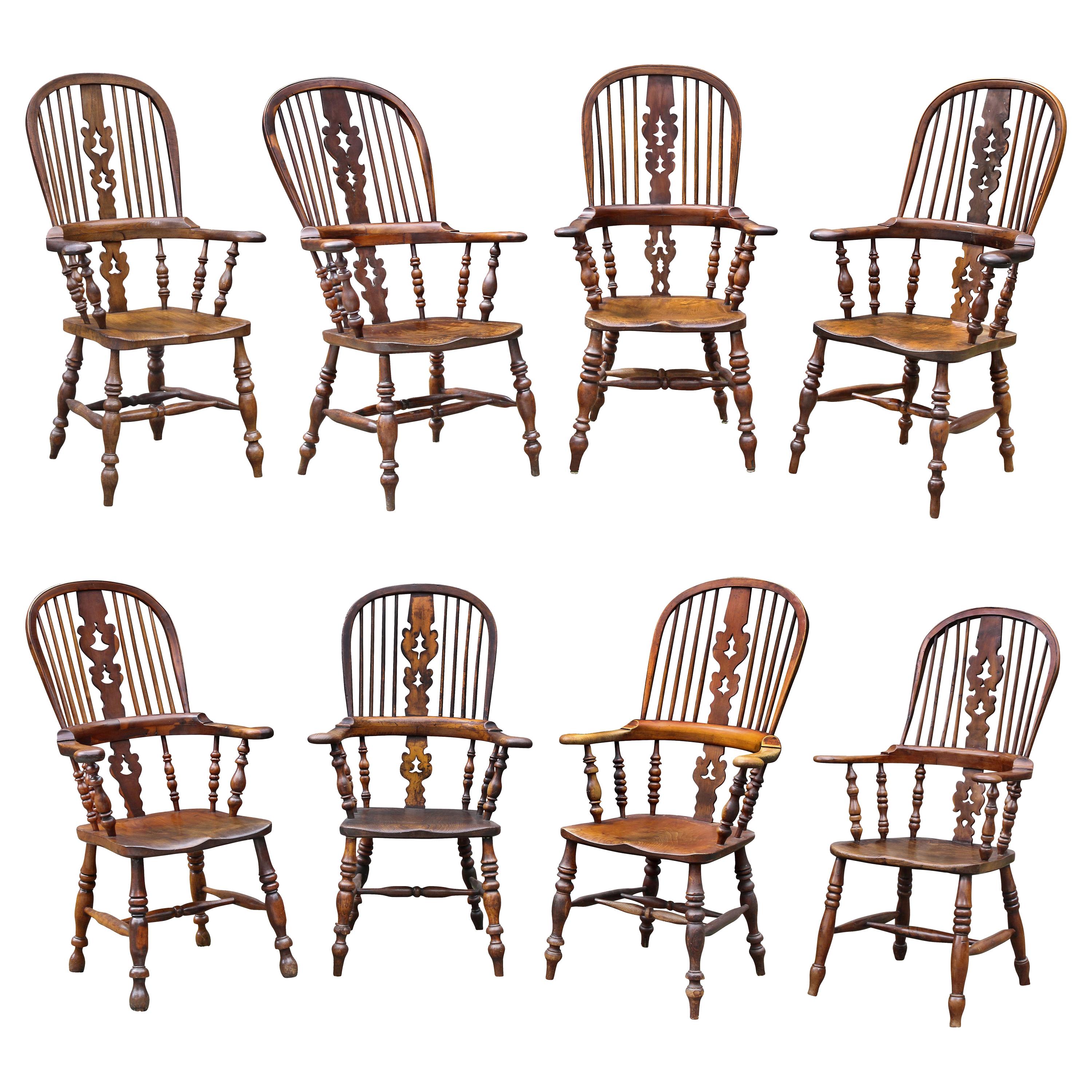 Set of Eight Assembled Regency Yewwood Windsor Armchairs