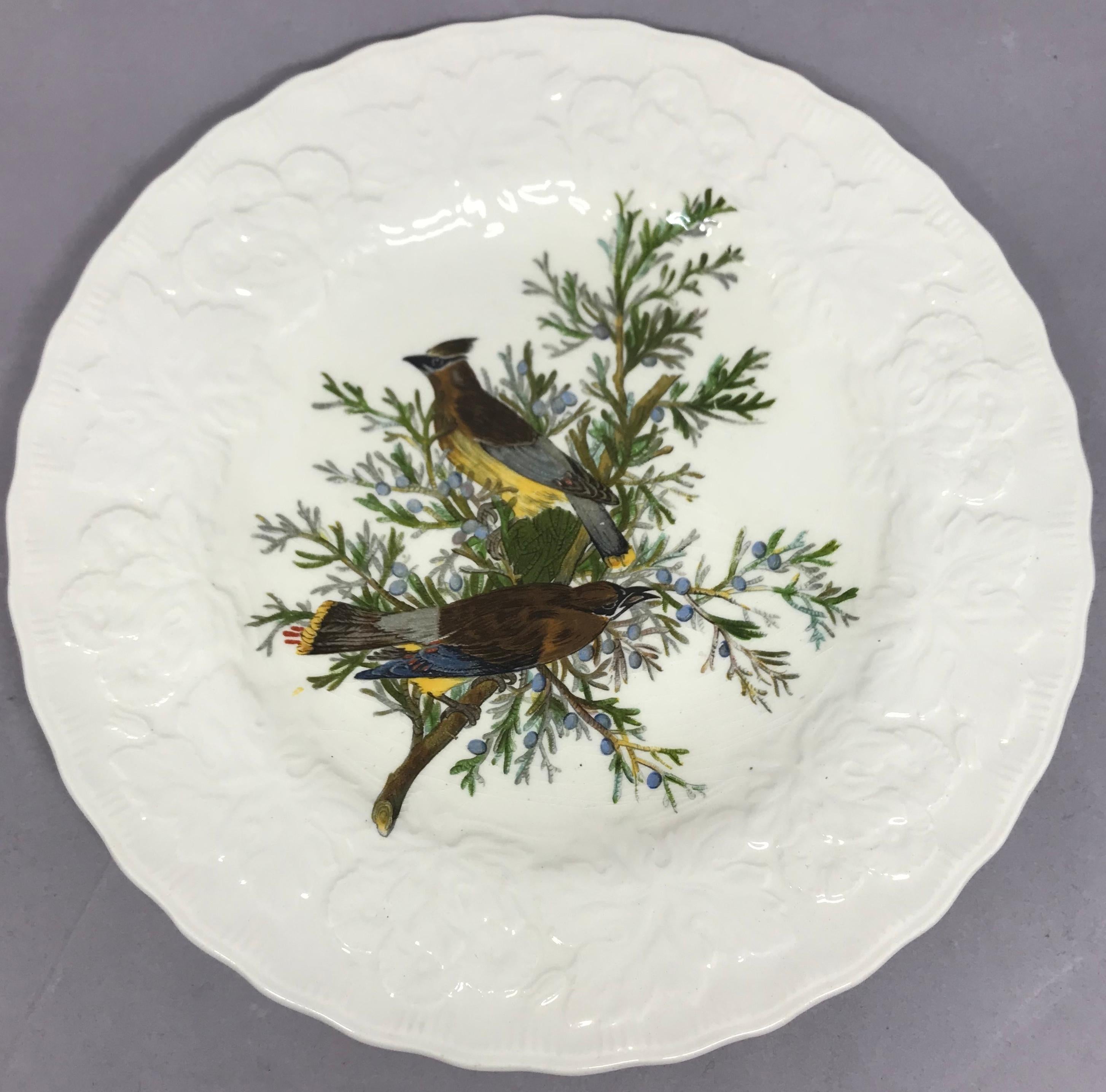 Set of eight Audubon birds of America plates in cream with raised floral border centering on eight different birds. Alfred Meakin, England, circa 1940.
One cedar bird #43
One band tailed pigeon #62
One white crowned sparrow #114
One fork tailed