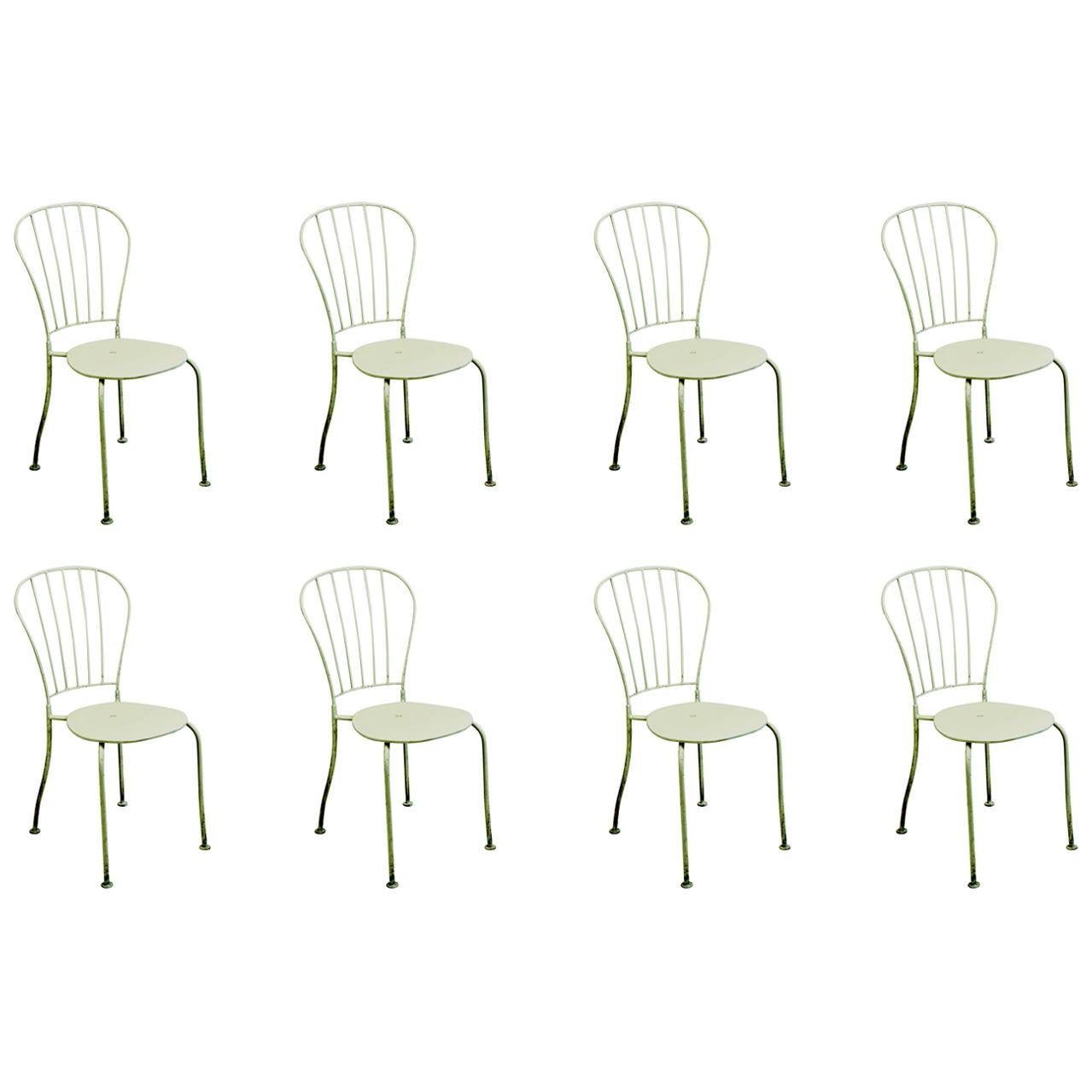 Set of Eight Austrian Midcentury White Metal Stackable Garden Chairs