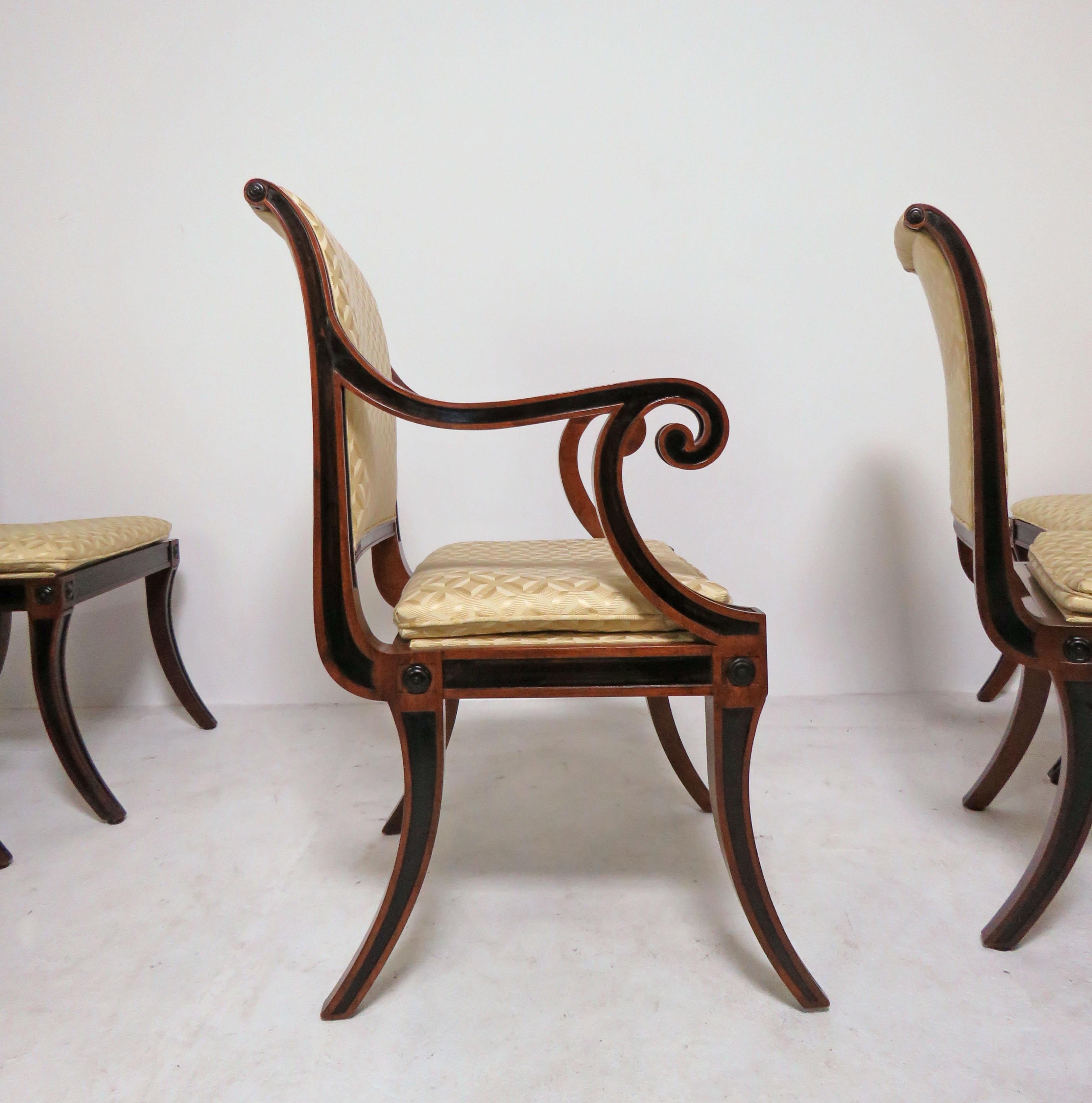 A set of eight regency style dining chairs by Baker furniture, circa 1960s. The British regency period was most notably influenced by the exotic Greek, Egyptian and Asian furniture to which visitors at London’s new public museums had begun