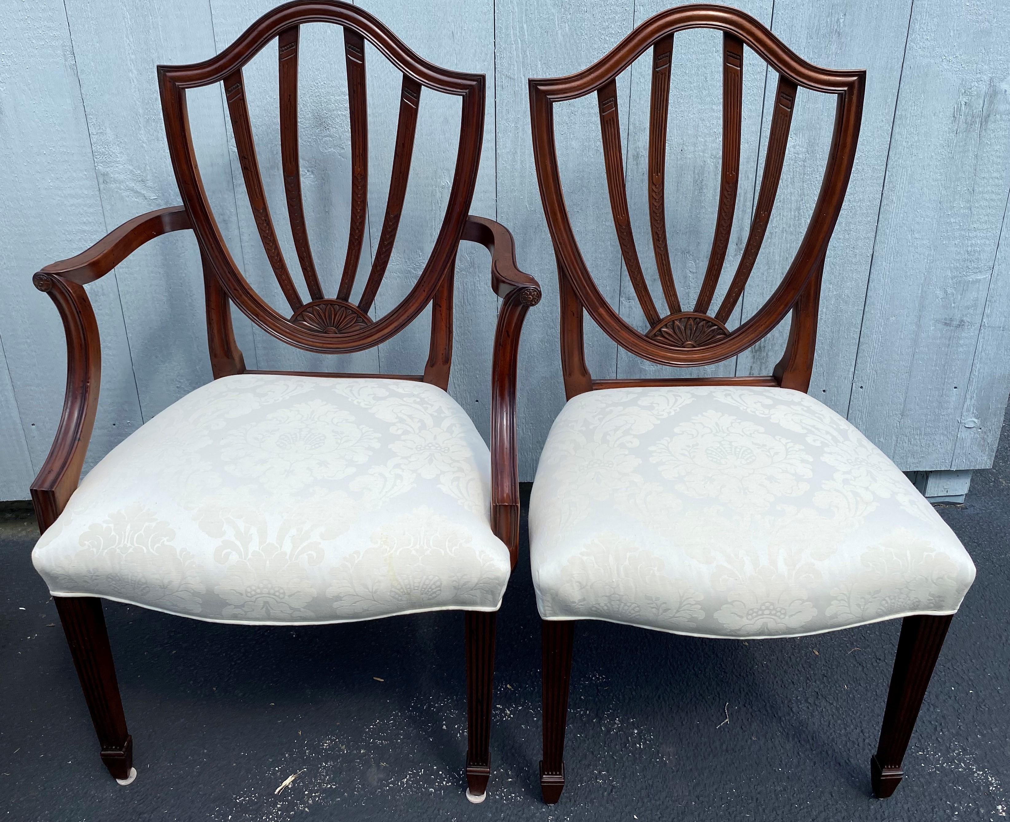 American Set of Eight Baker Mahogany Shield Back Dining Chairs with Damask Upholstery