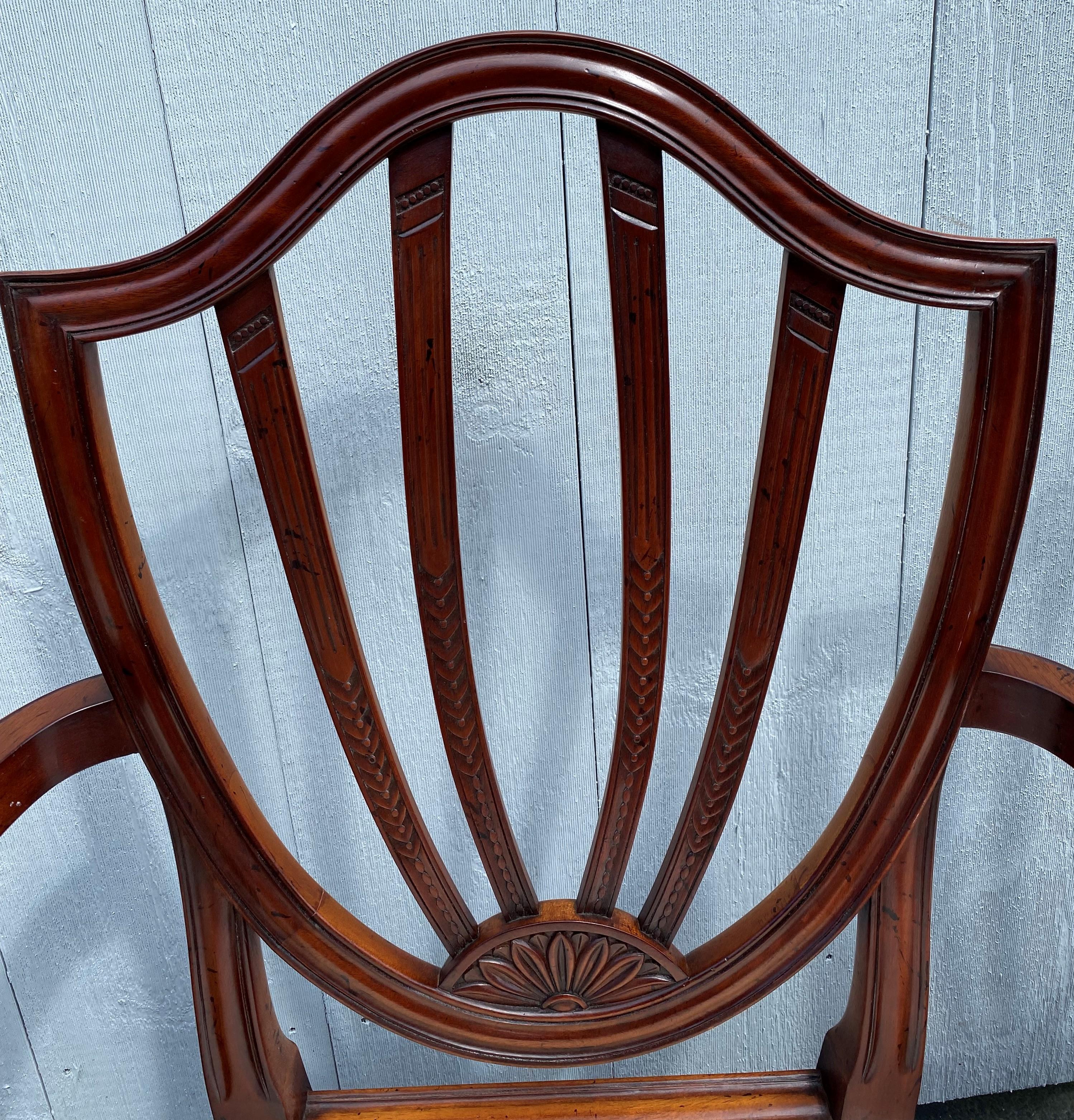 Hand-Crafted Set of Eight Baker Mahogany Shield Back Dining Chairs with Damask Upholstery