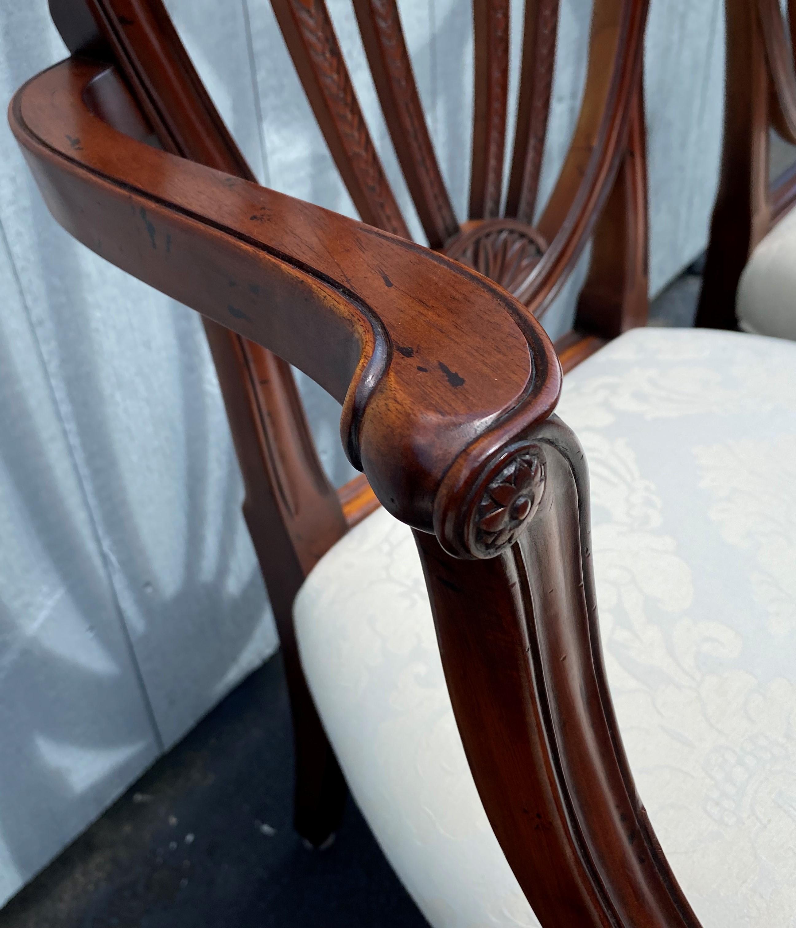 Set of Eight Baker Mahogany Shield Back Dining Chairs with Damask Upholstery 1