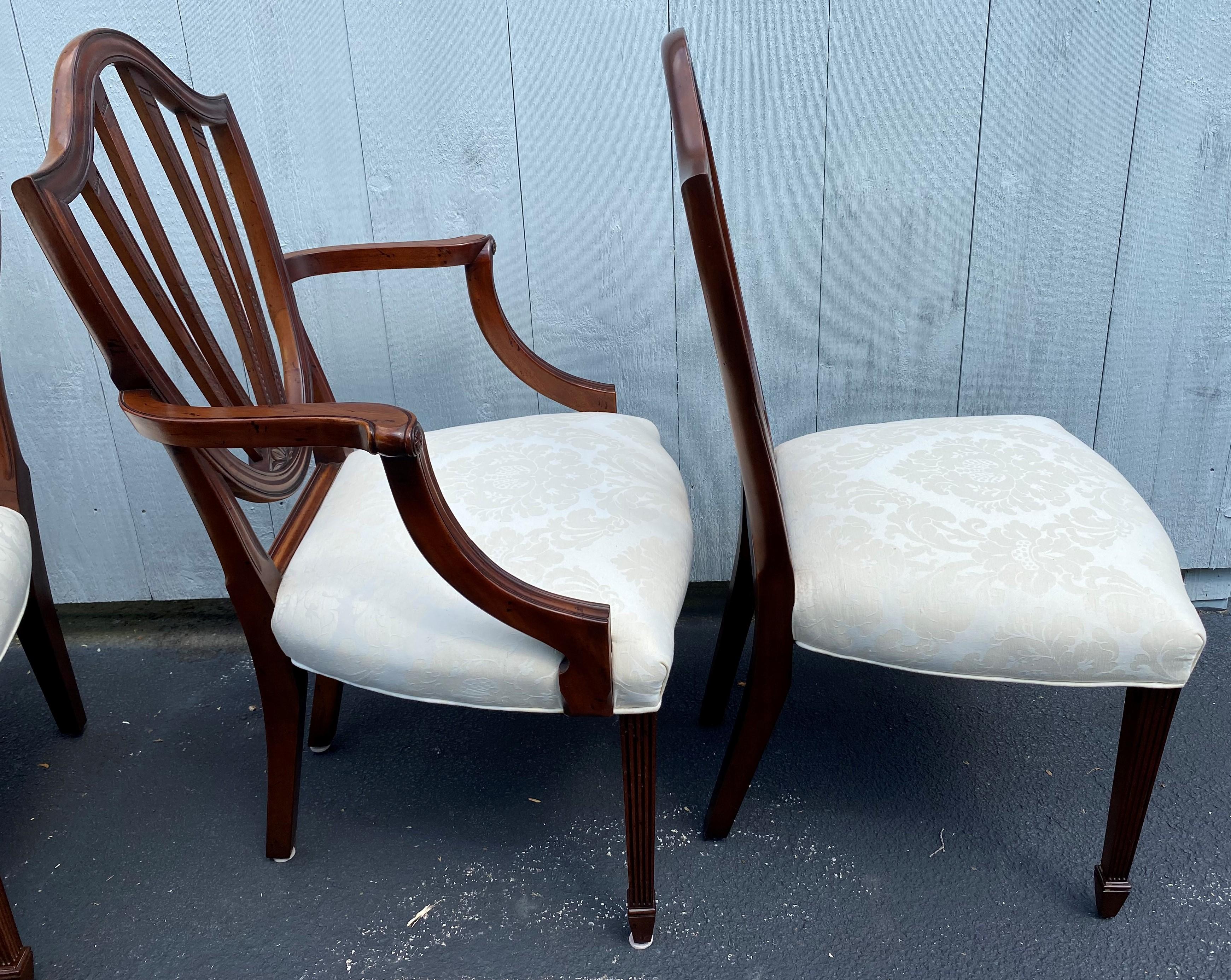 Set of Eight Baker Mahogany Shield Back Dining Chairs with Damask Upholstery 2