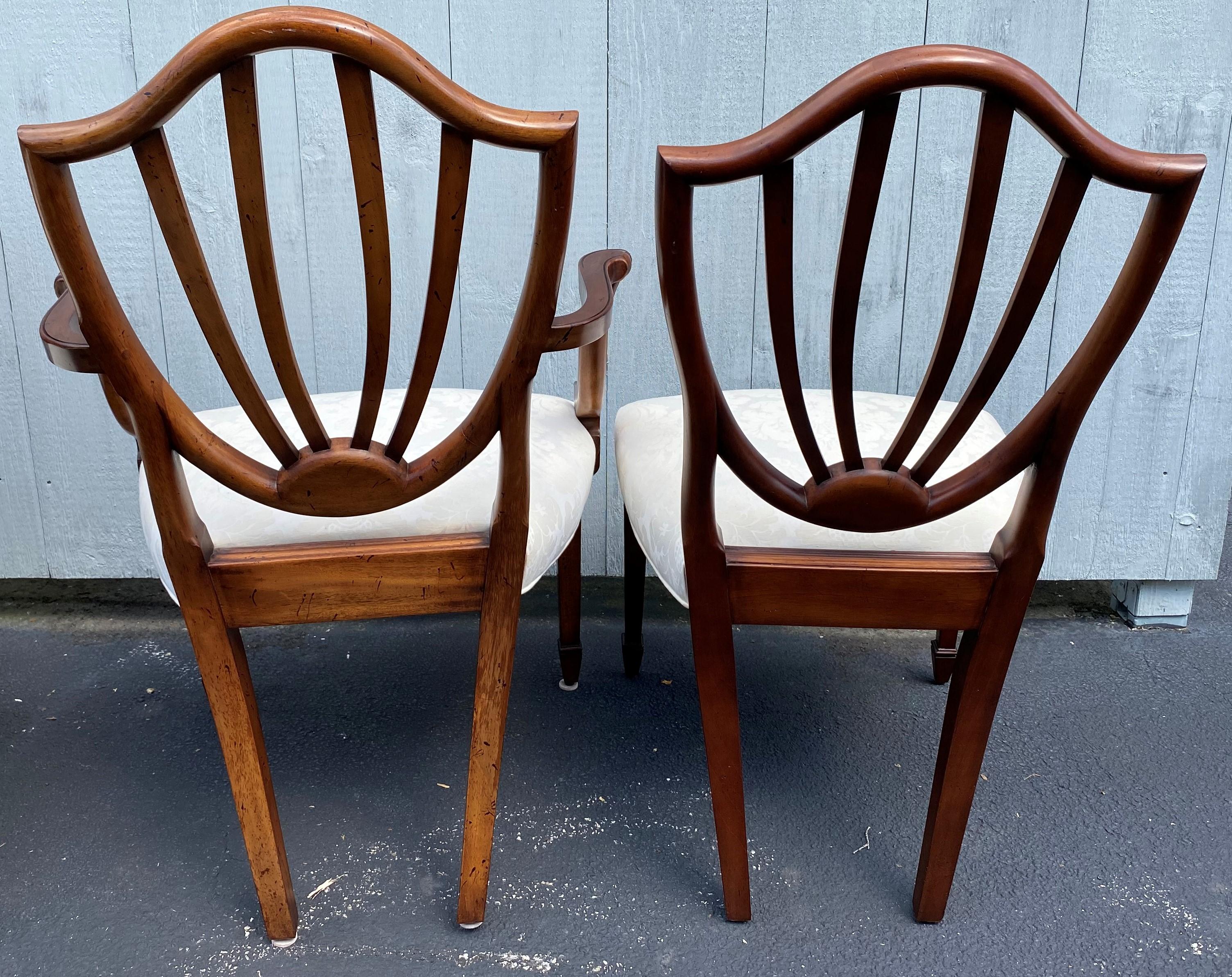 Set of Eight Baker Mahogany Shield Back Dining Chairs with Damask Upholstery 3