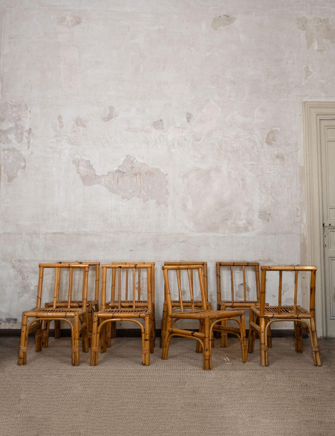 Ensemble de huit chaises en bambou et osier - Italie, années 1970
Détails du produit
Dimensioni : 46,5 B x 78 H x 57 P cm