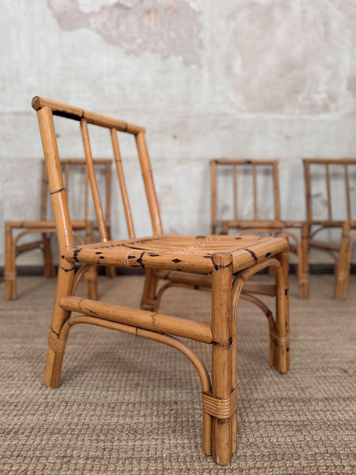 italien Ensemble de huit chaises en bambou et osier - Italie, années 1970 en vente