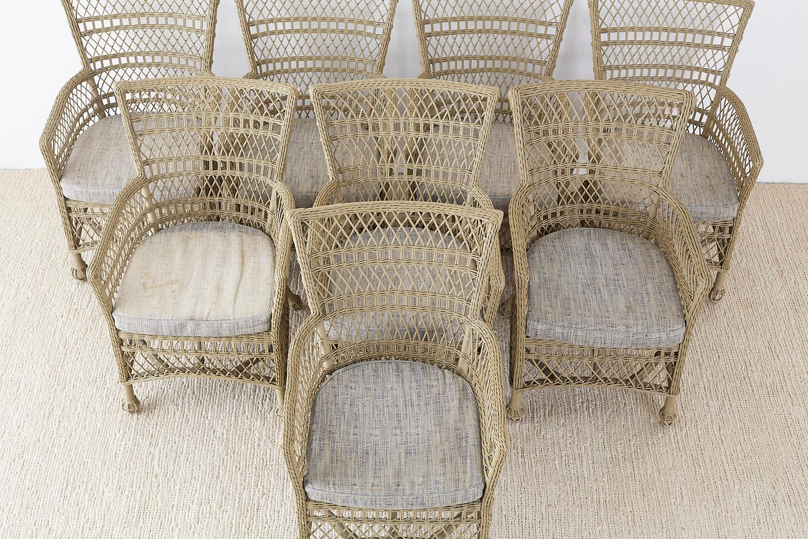 Set of Eight Bar Harbor Rattan Wicker Dining Armchairs In Good Condition In Rio Vista, CA