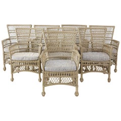 Vintage Set of Eight Bar Harbor Rattan Wicker Dining Armchairs