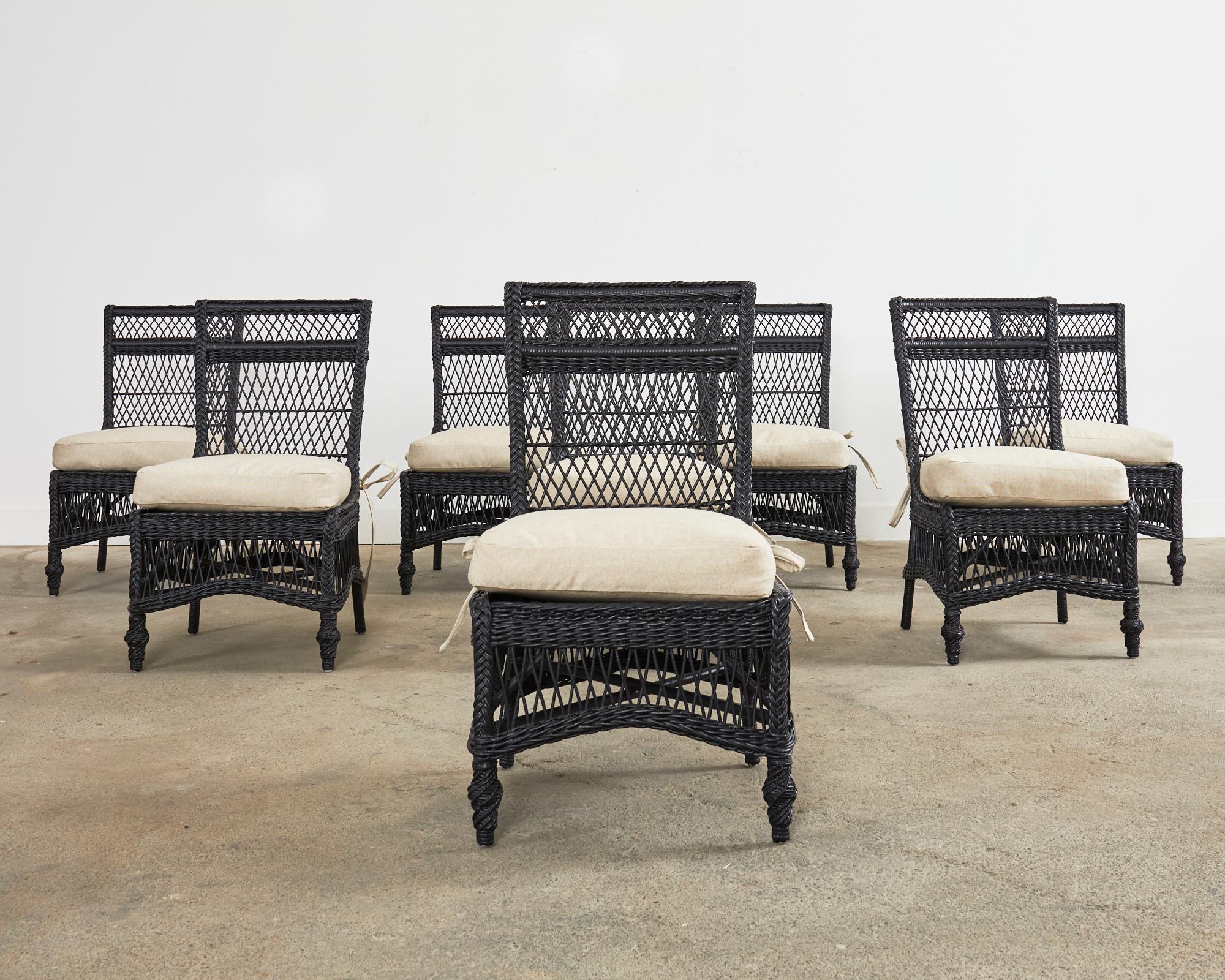 Organic Modern Set of Eight Bar Harbor Style Rattan Wicker Dining Chairs 