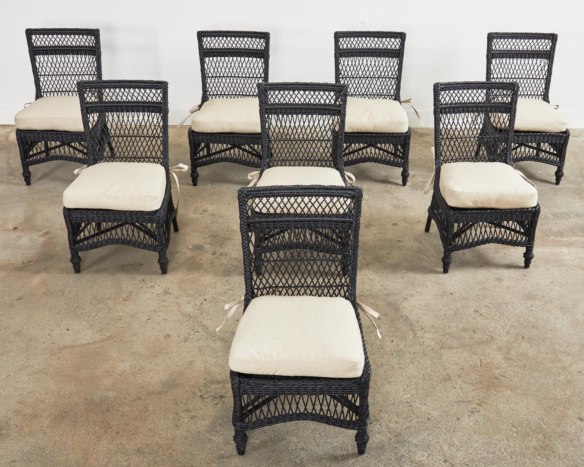 Painted Set of Eight Bar Harbor Style Rattan Wicker Dining Chairs 