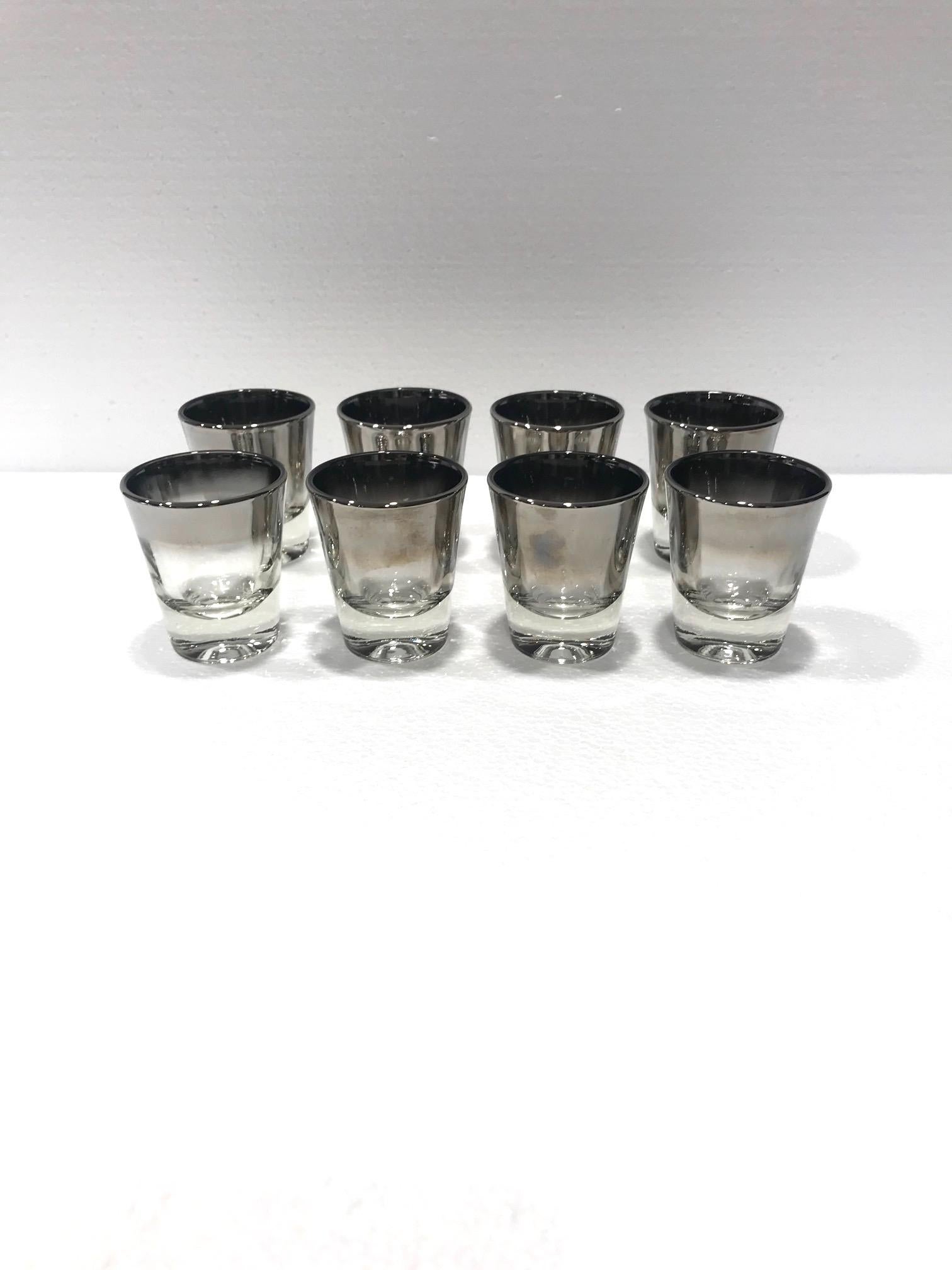 Mid-Century Modern Set of Eight Barware Shot Glasses with Silver Overlay by Dorothy Thorpe, 1960s