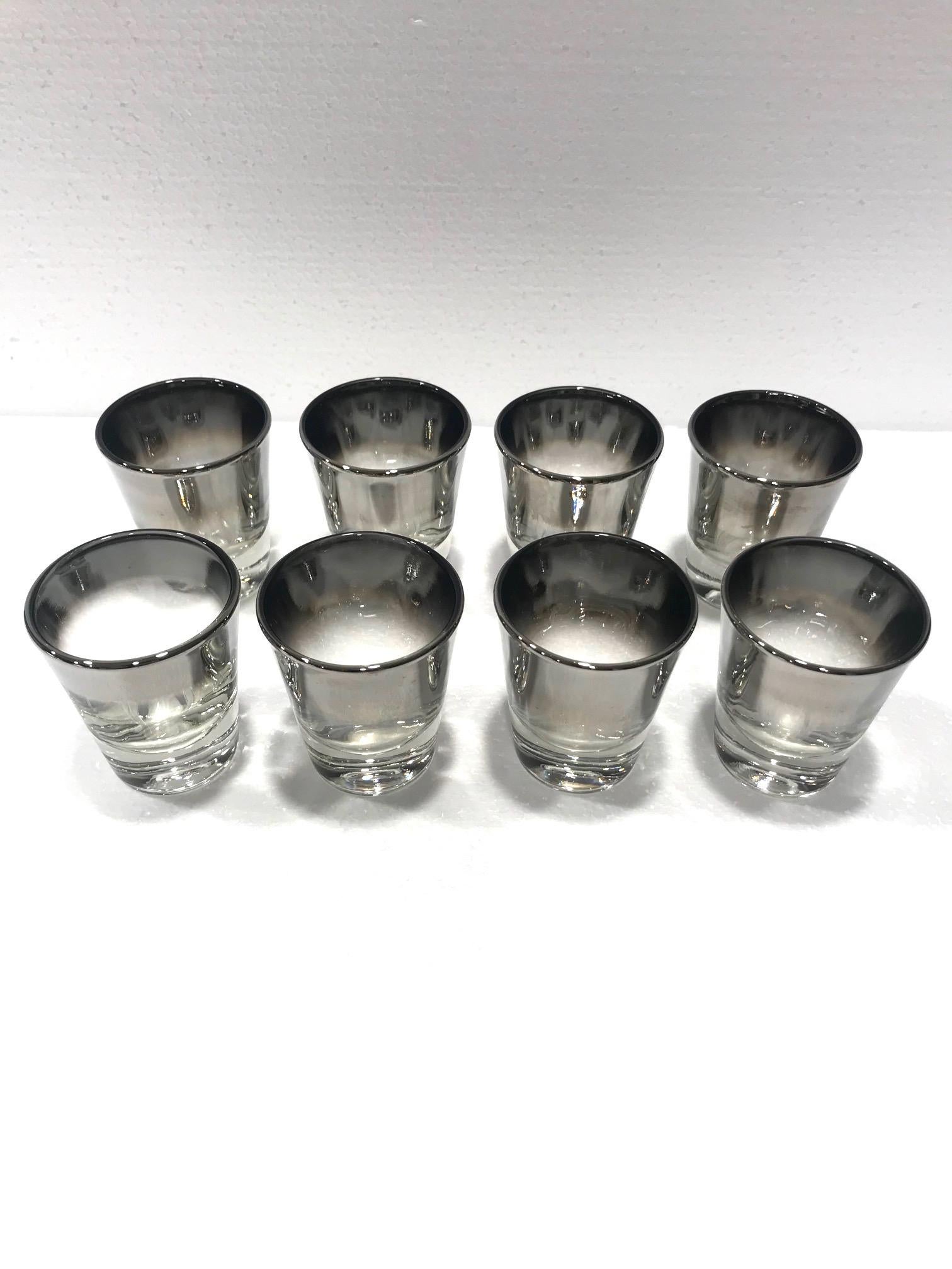 Set of Eight Barware Shot Glasses with Silver Overlay by Dorothy Thorpe, 1960s In Good Condition In Fort Lauderdale, FL