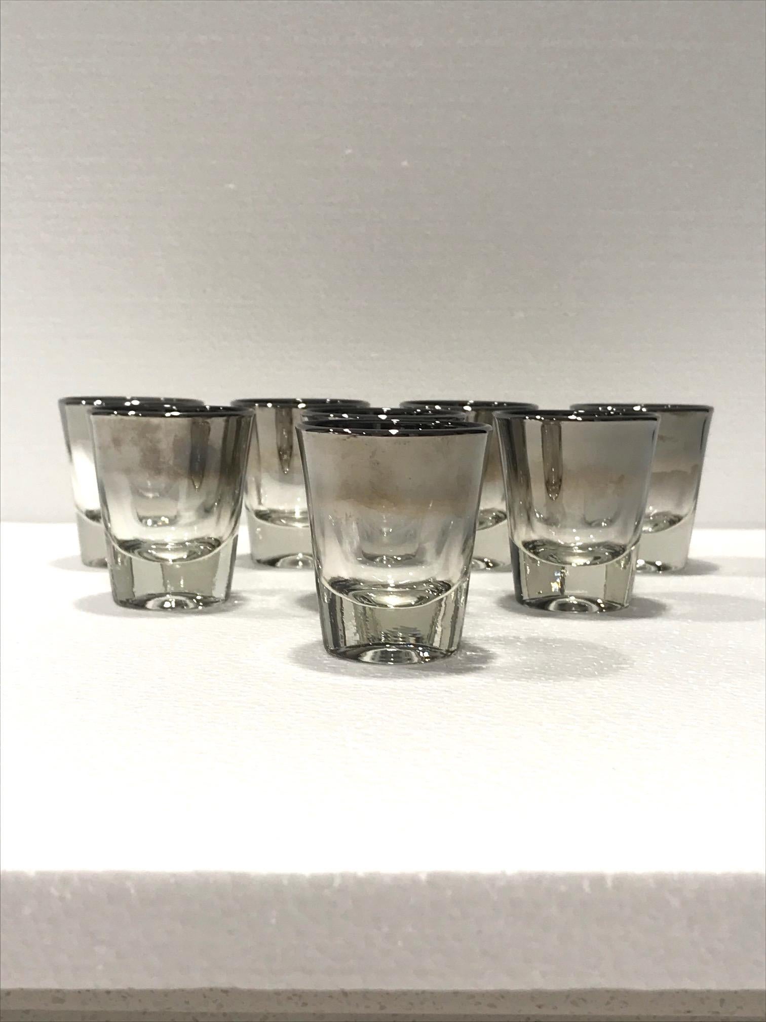 Mid-20th Century Set of Eight Barware Shot Glasses with Silver Overlay by Dorothy Thorpe, 1960s
