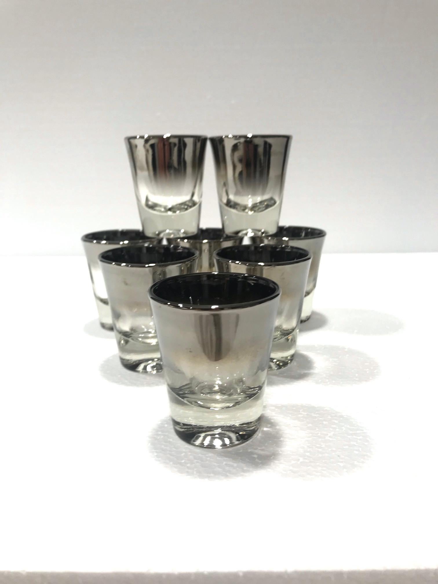 Blown Glass Set of Eight Barware Shot Glasses with Silver Overlay by Dorothy Thorpe, 1960s