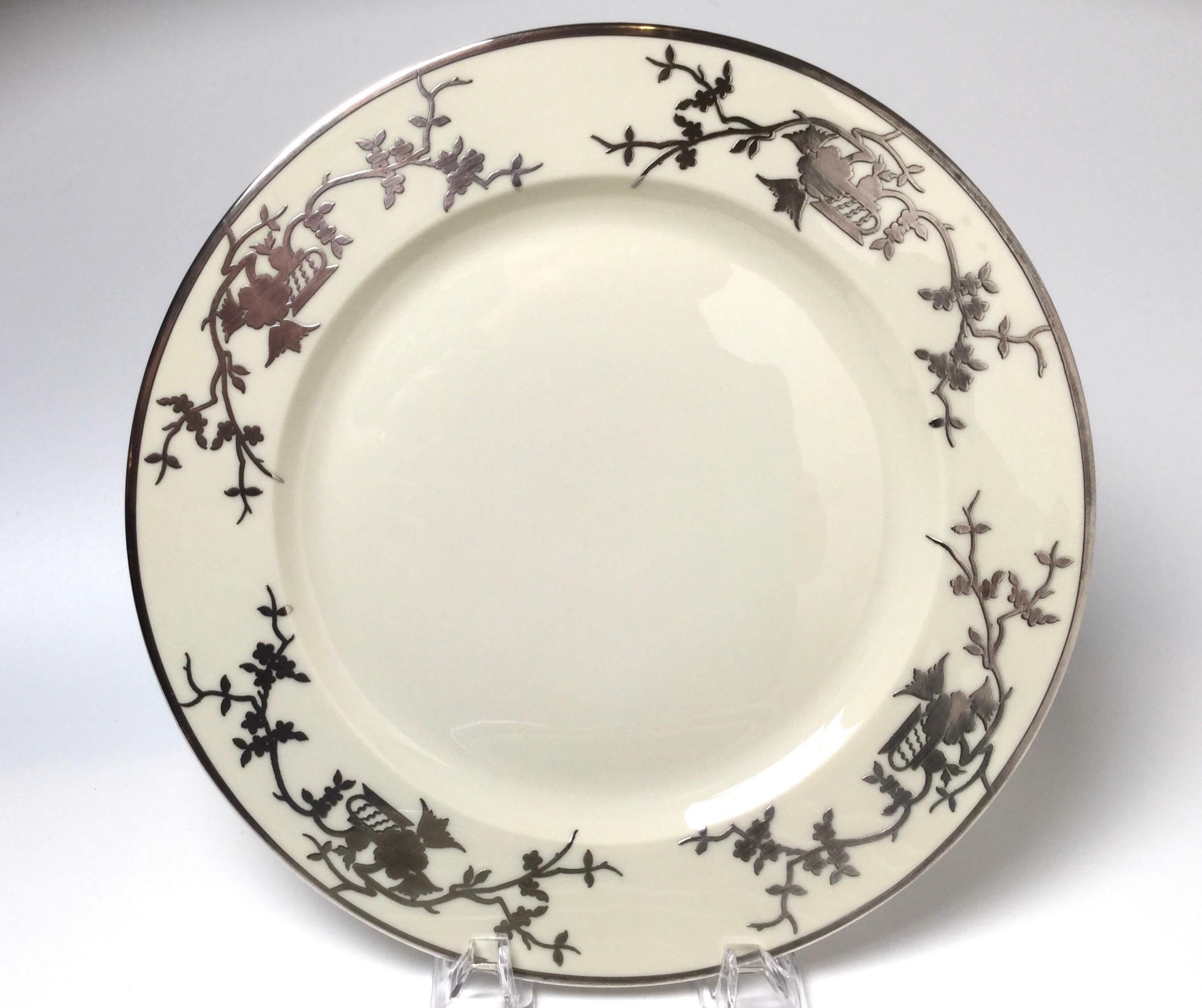 20th Century Set of Eight Bavarian Chinoiserie Silver Overlay Service Dinner Plates For Sale