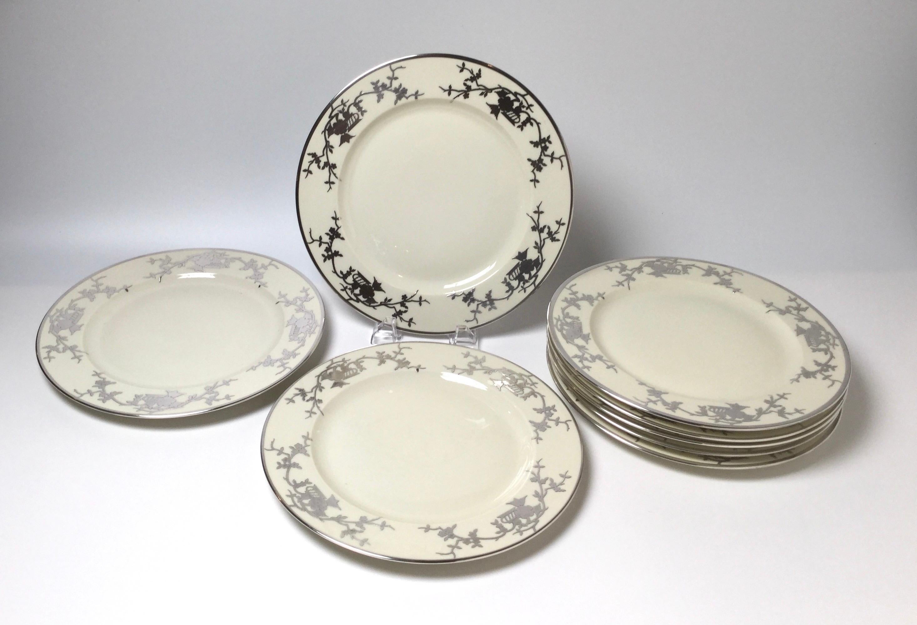 Porcelain Set of Eight Bavarian Chinoiserie Silver Overlay Service Dinner Plates For Sale